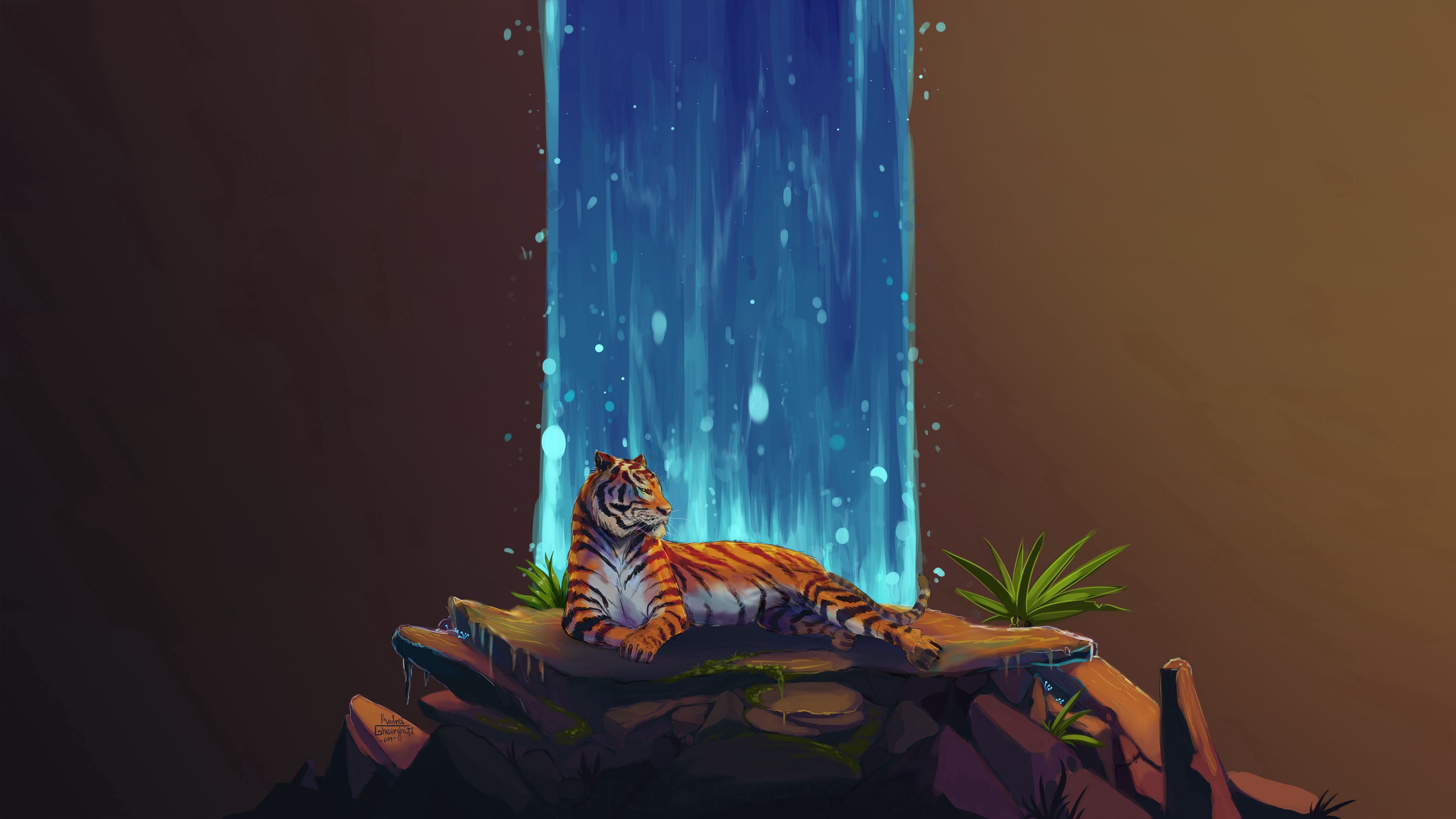 Download mobile wallpaper Stones, Waterfall, Water, Tiger, Art for free.