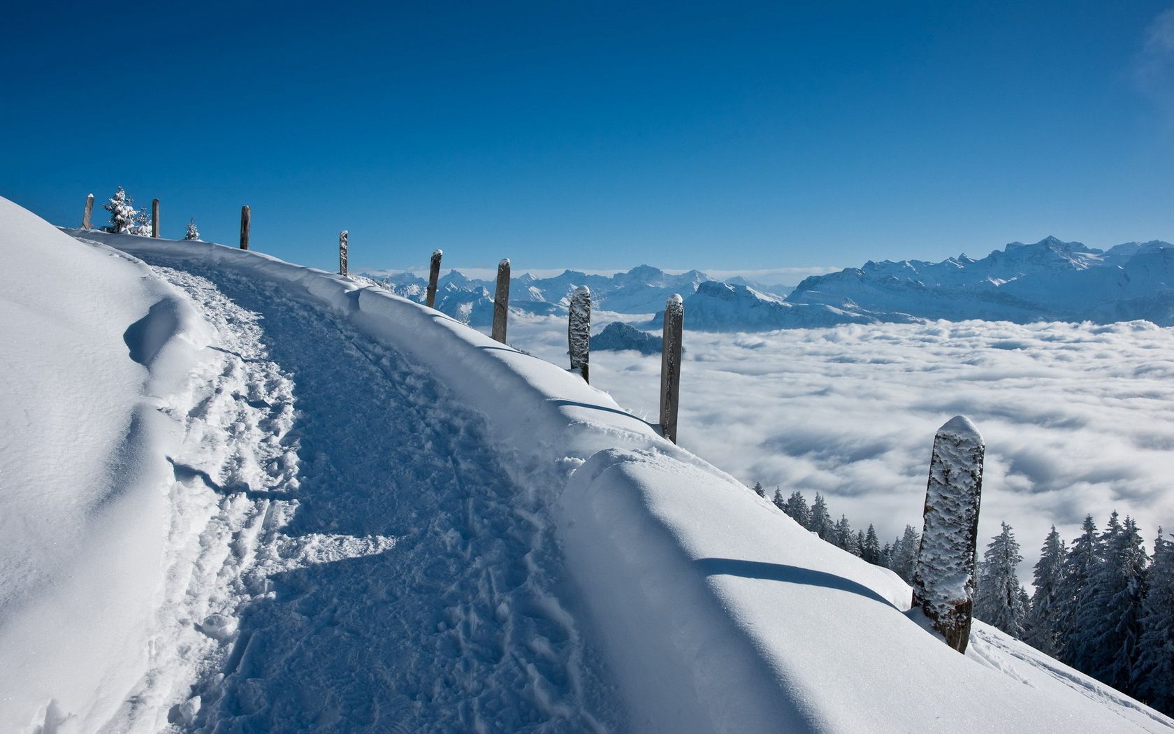 climb, winter, nature, mountains, snow, road, path, trail, lift, stakes, pegging