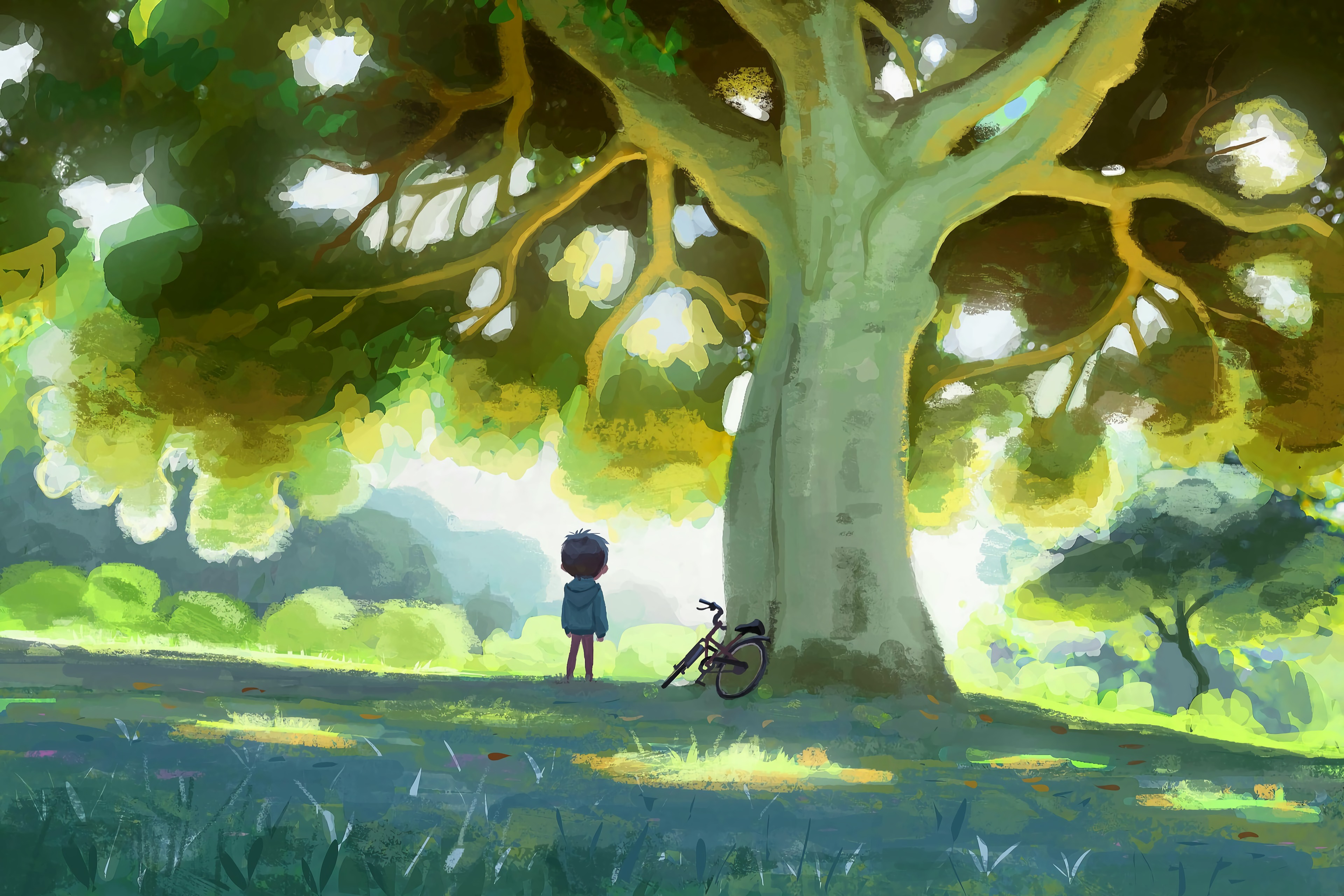 tree, bicycle, art, child, wood, nature 1080p