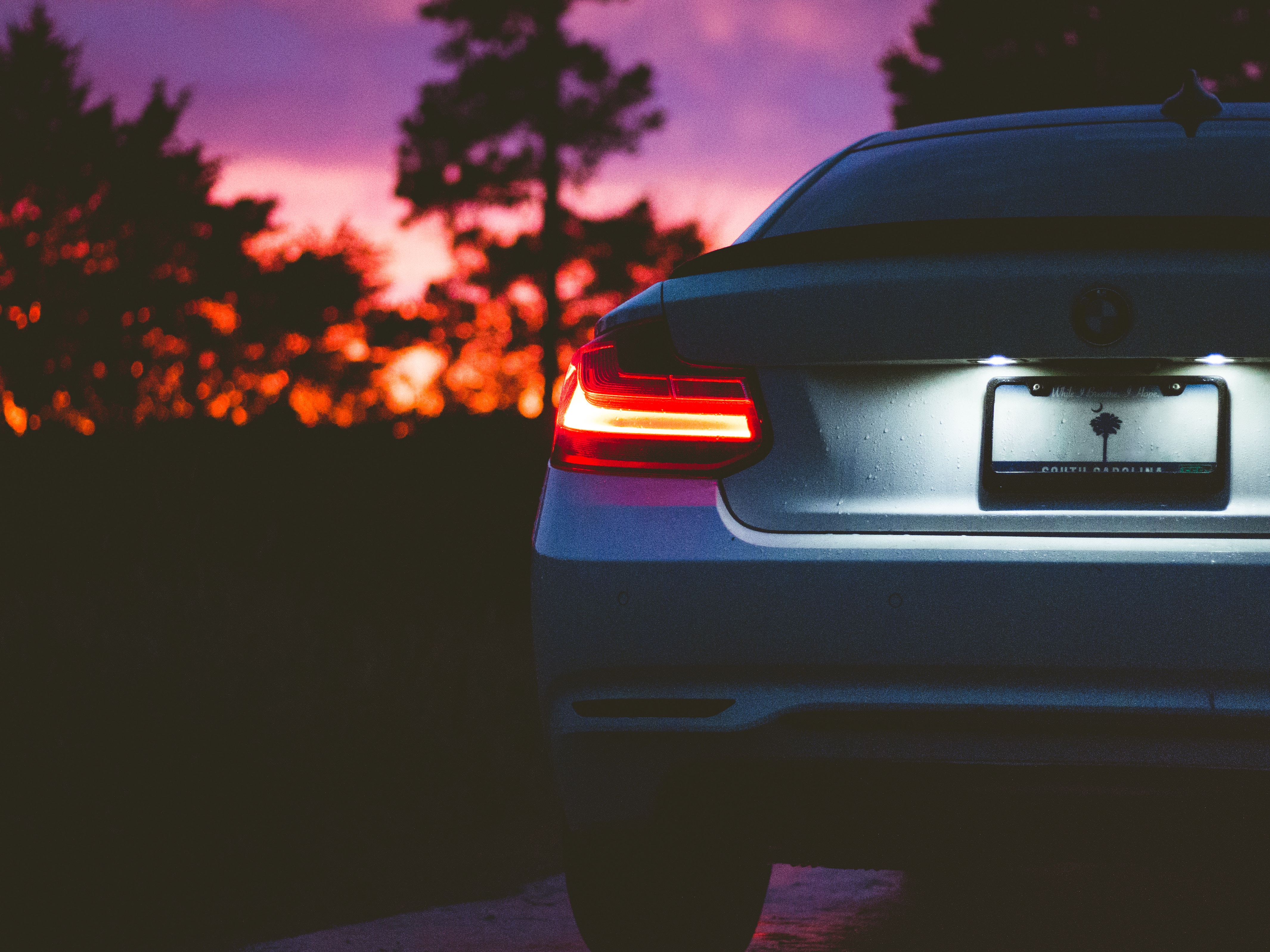 bmw, sunset, cars, shine, light, back view, rear view, headlight