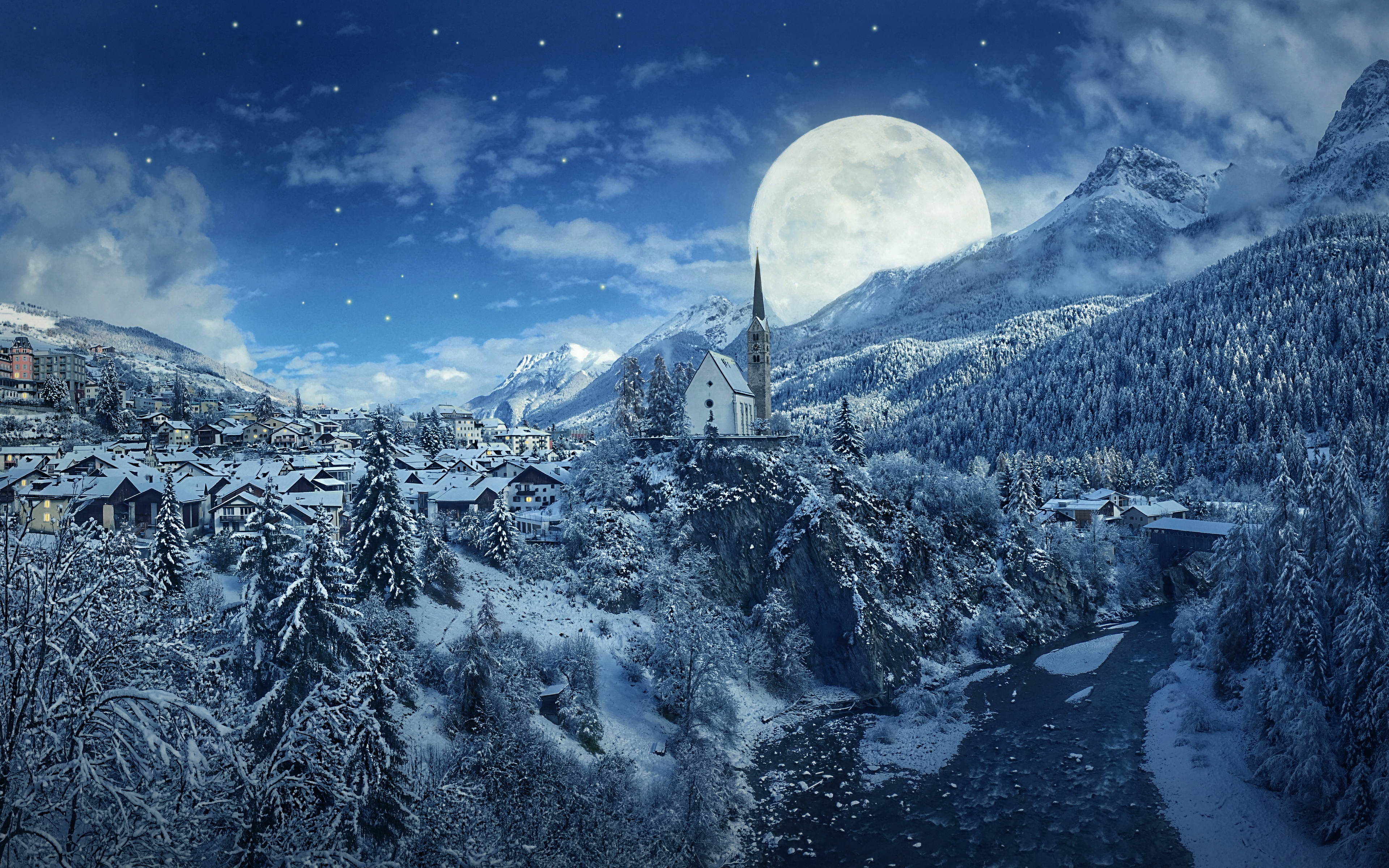 Handy-Wallpaper Landschaft, Winter, Mond, Schnee, Stadt, Baum, Haus, Gebirge, Fotografie kostenlos herunterladen.