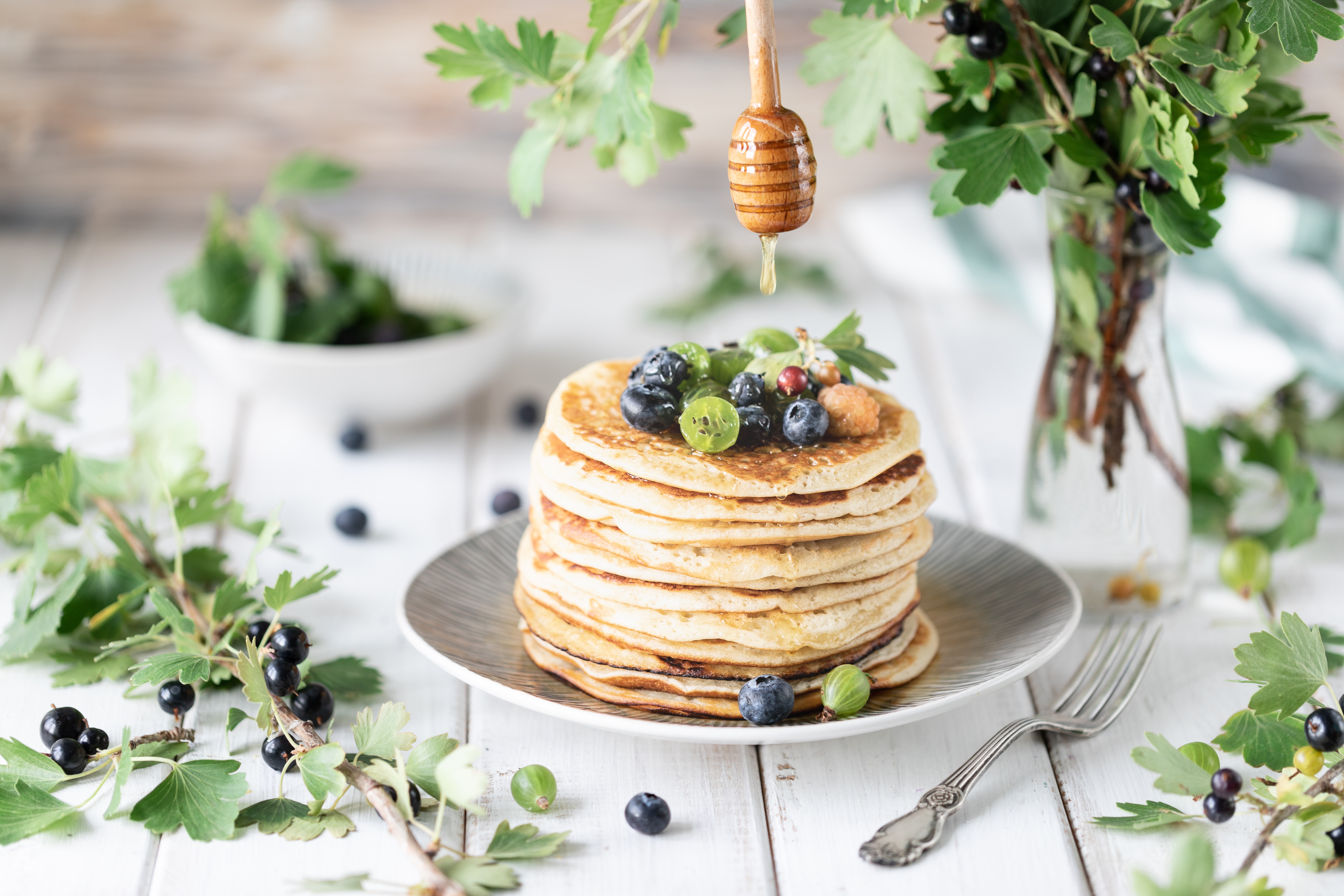 Download mobile wallpaper Food, Still Life, Berry, Honey, Breakfast, Pancake for free.