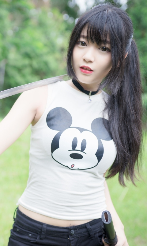 Download mobile wallpaper Model, Women, Sword, Katana, Asian, Brown Eyes, Black Hair, Mickey Mouse for free.