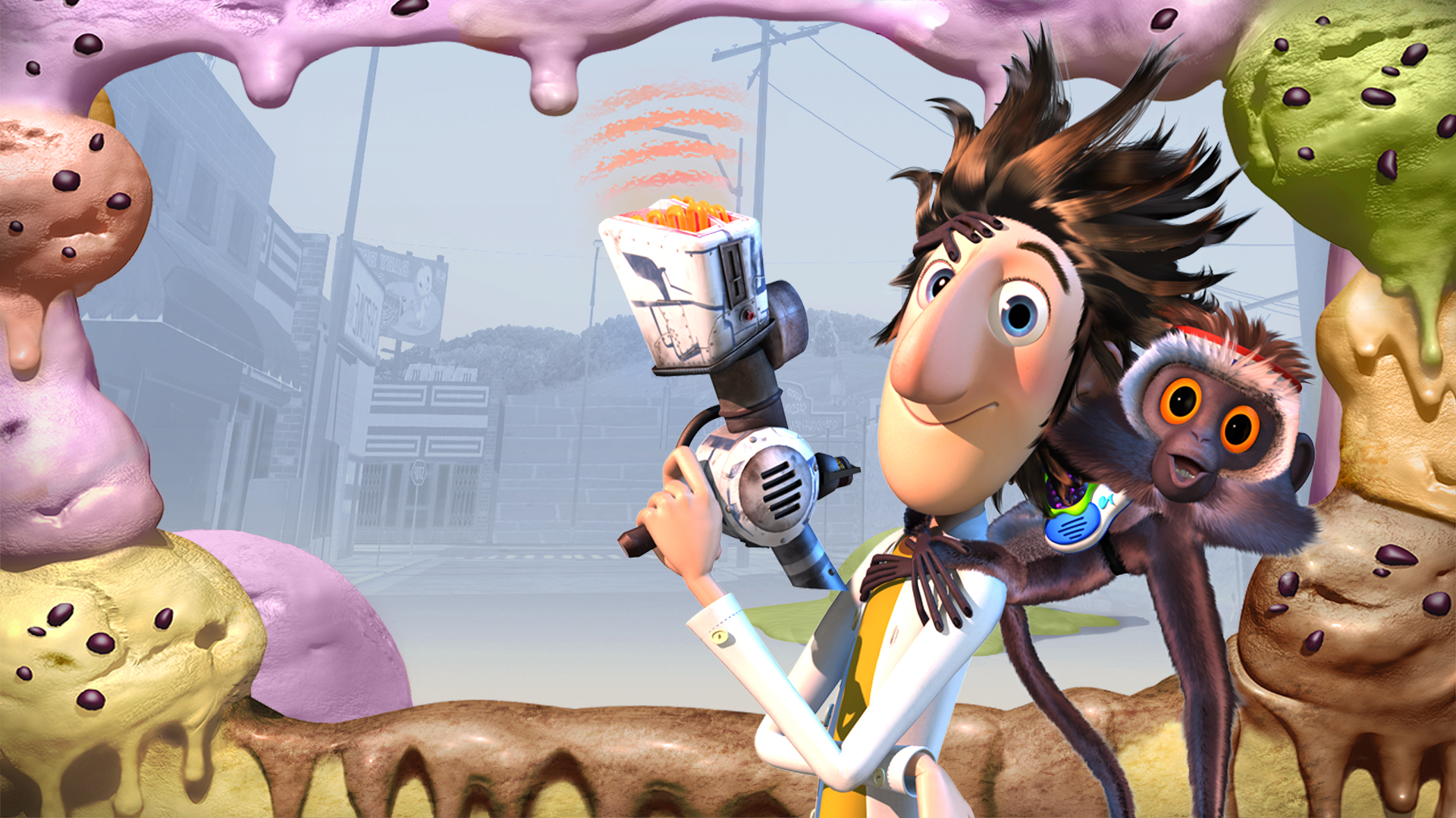 cloudy with a chance of meatballs, movie, flint lockwood, steve the monkey