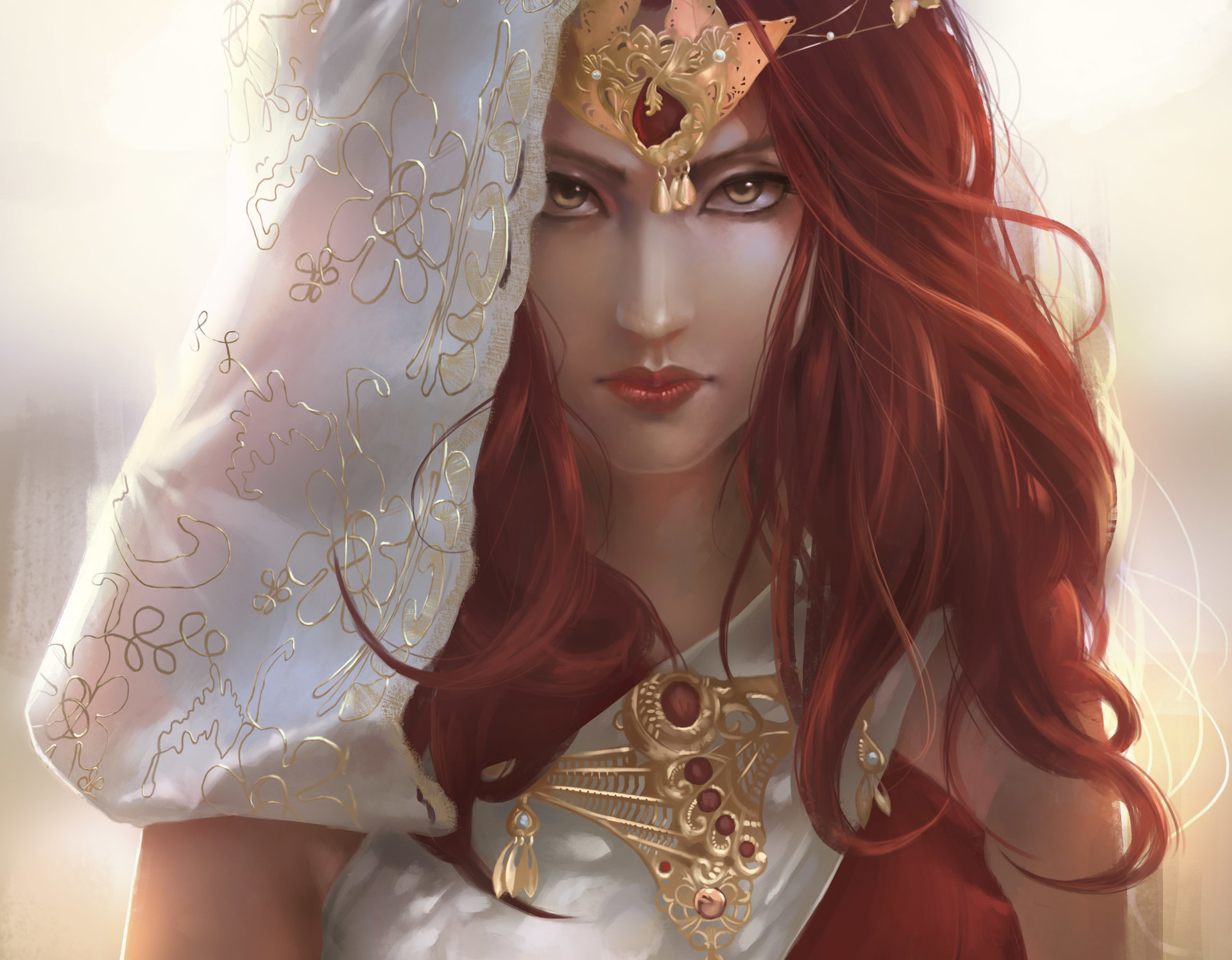 Free download wallpaper Fantasy, Jewelry, Face, Women, Yellow Eyes, Red Hair on your PC desktop