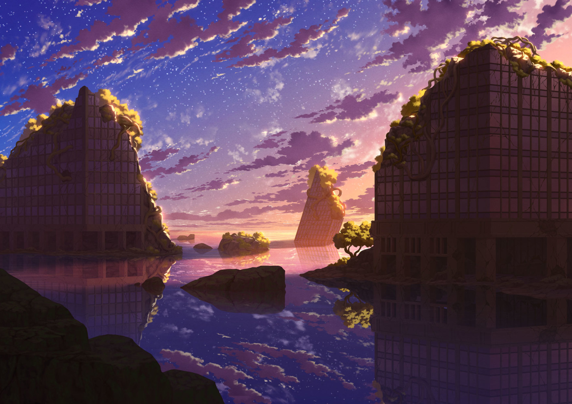 Download mobile wallpaper Anime, Water, Sunset, Reflection, Starry Sky, Ruin, Post Apocalyptic for free.