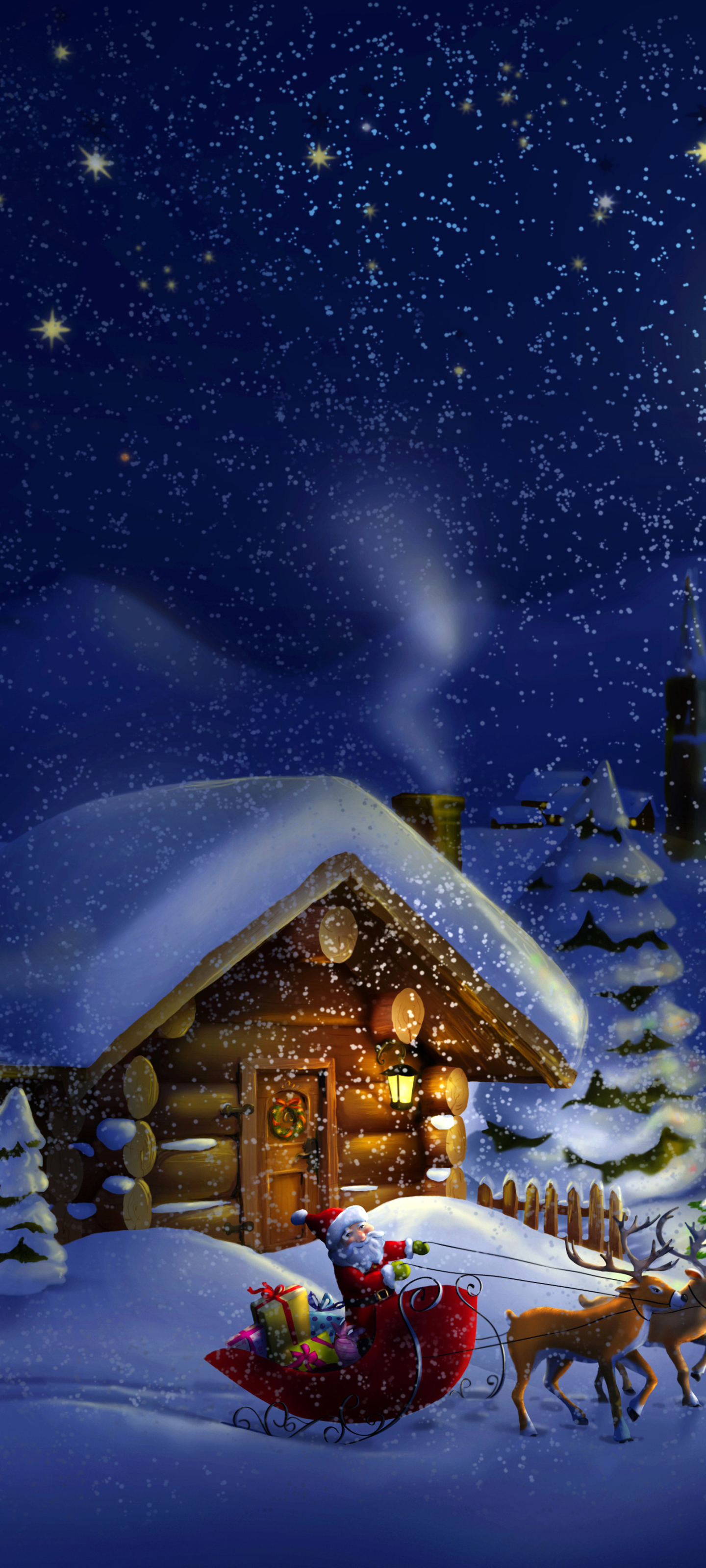 Download mobile wallpaper Night, Snow, Christmas, Holiday, Sleigh, Santa, Cabin for free.