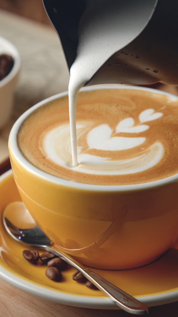 Handy-Wallpaper Tasse, Kaffeebohnen, Milch, Nahrungsmittel, Kaffee kostenlos herunterladen.