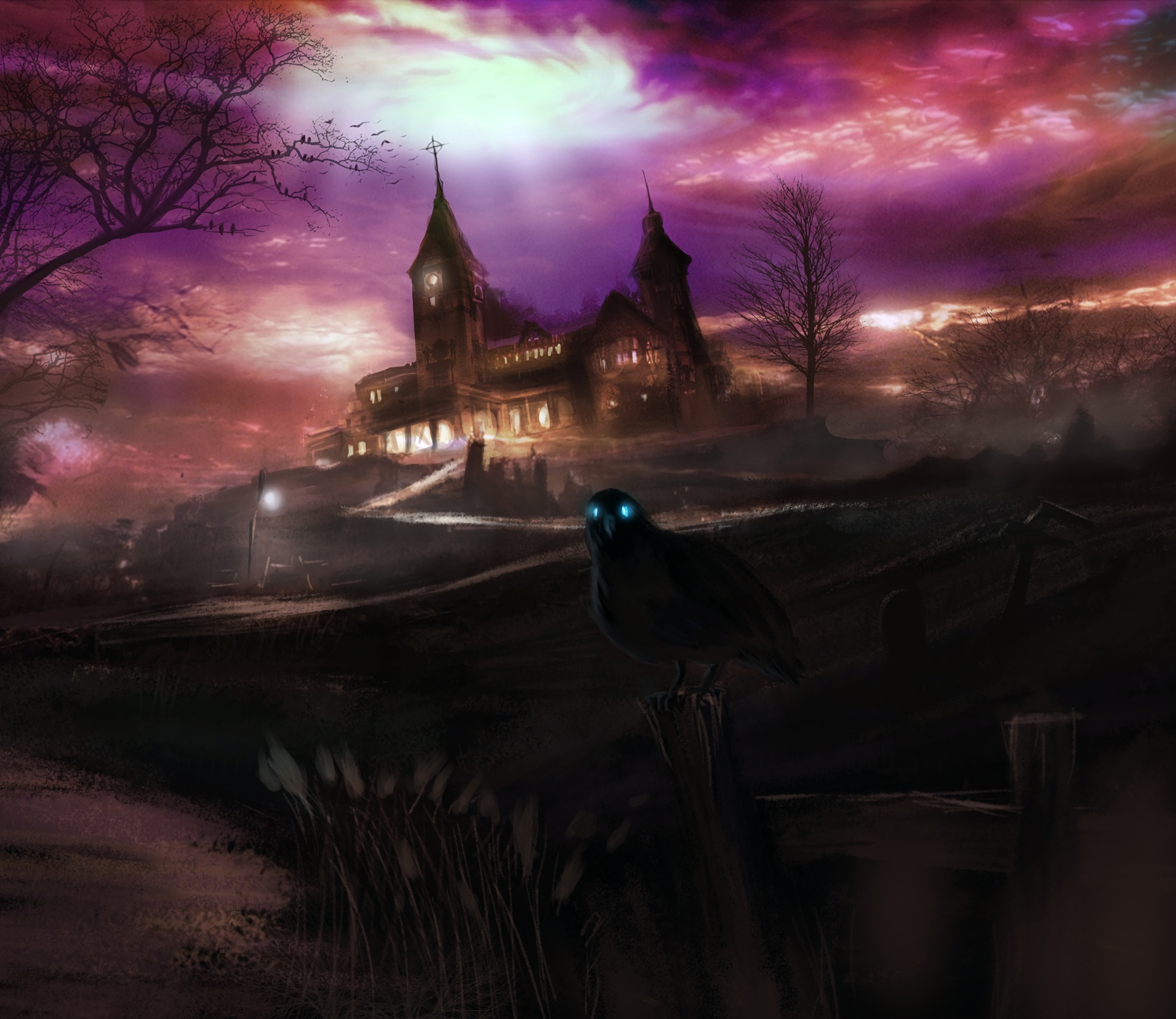 art, dark, house, hill, raven, spooky, eerie