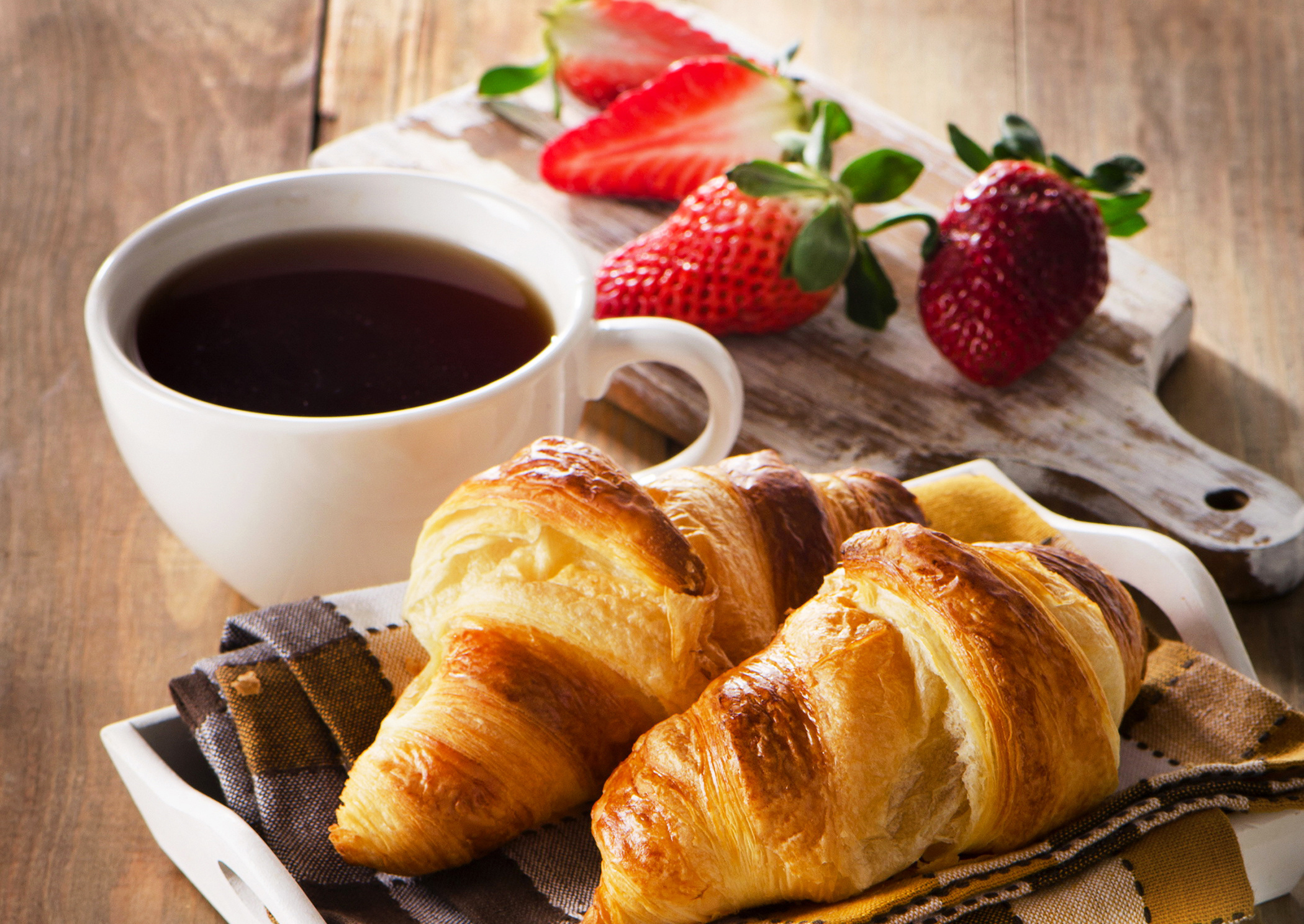 Download mobile wallpaper Food, Strawberry, Cup, Tea, Breakfast, Croissant for free.