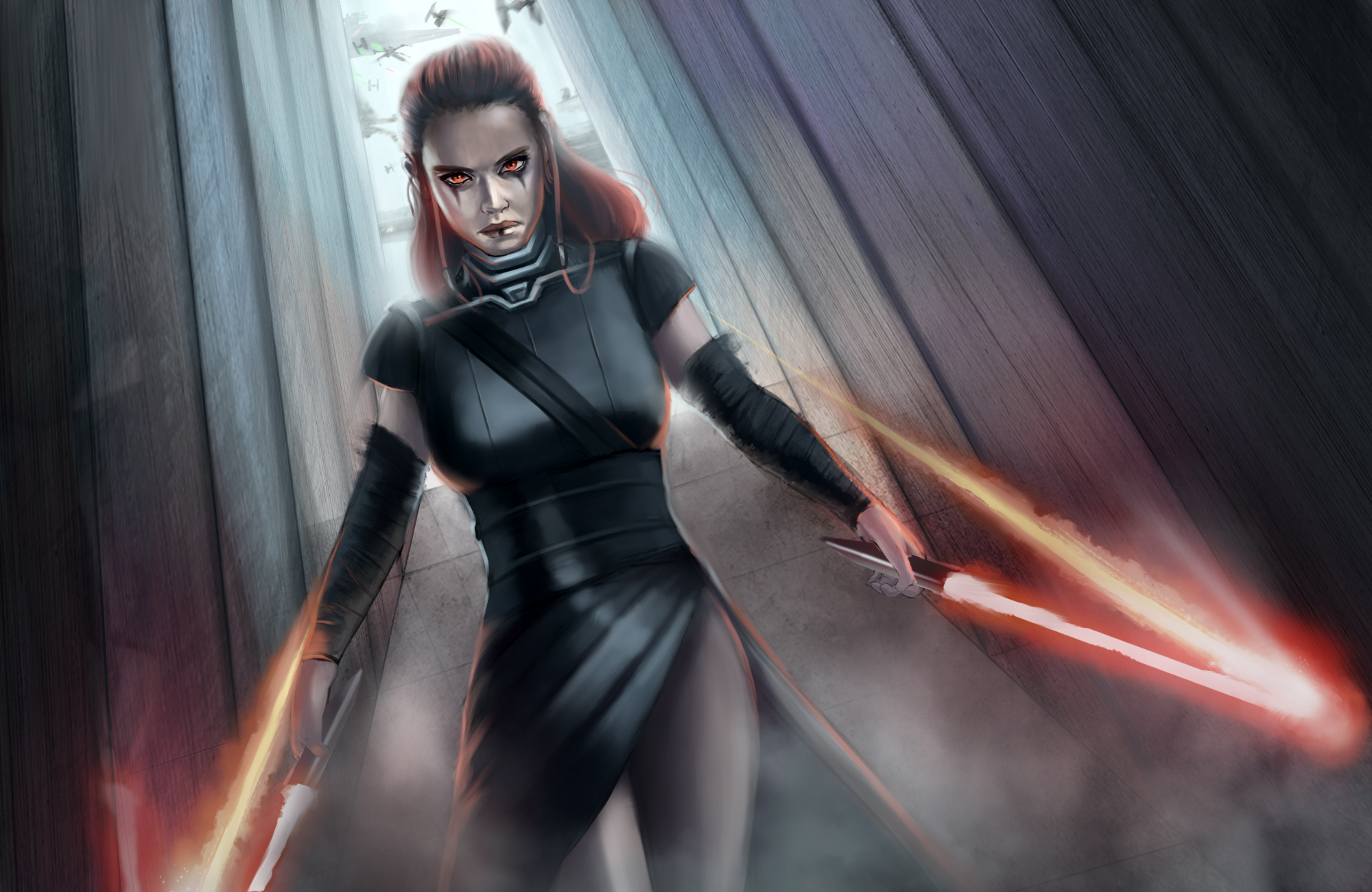 Download mobile wallpaper Star Wars, Sci Fi, Lightsaber, Red Eyes, Sith (Star Wars), Woman Warrior, Rey (Star Wars) for free.