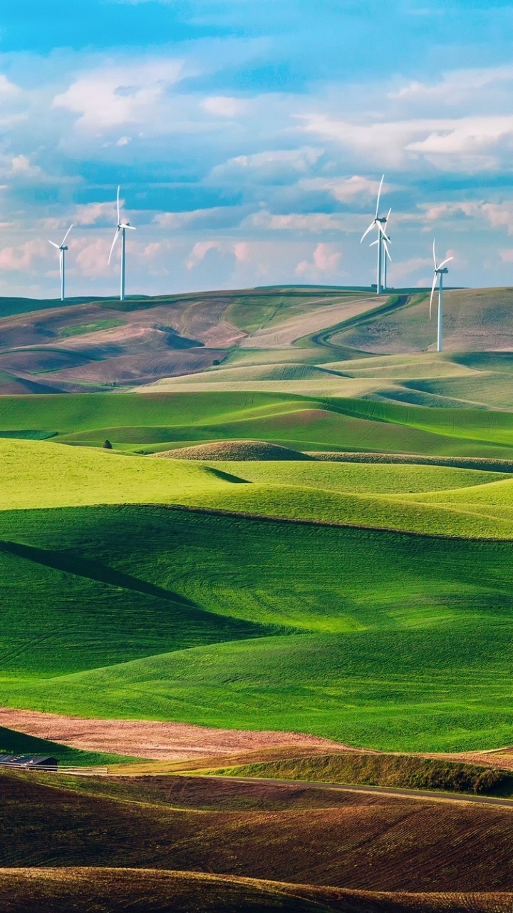 Download mobile wallpaper Hill, Wind Turbine, Man Made for free.