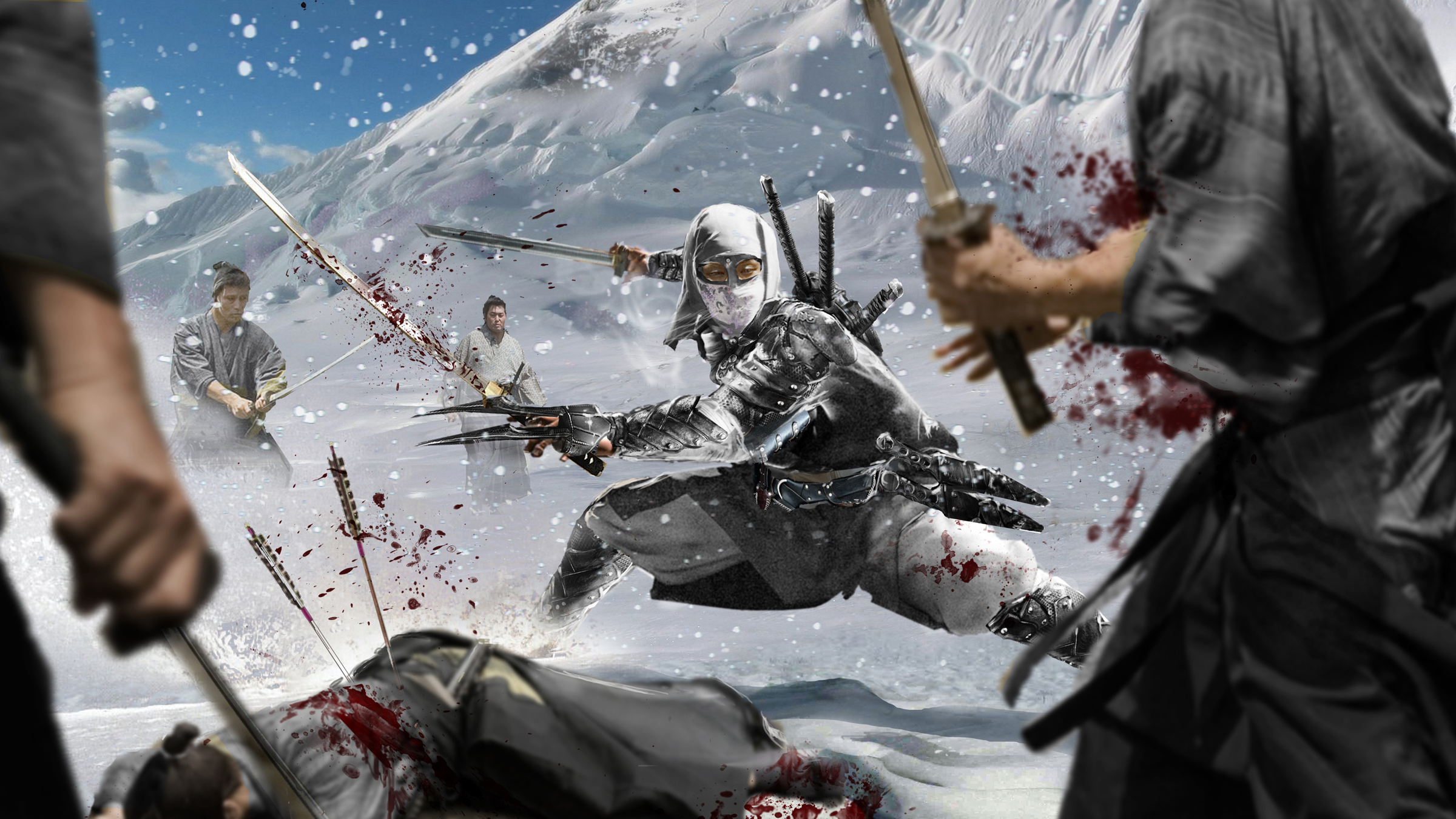 Download mobile wallpaper Fantasy, Blood, Warrior, Snowfall, Katana, Ninja for free.