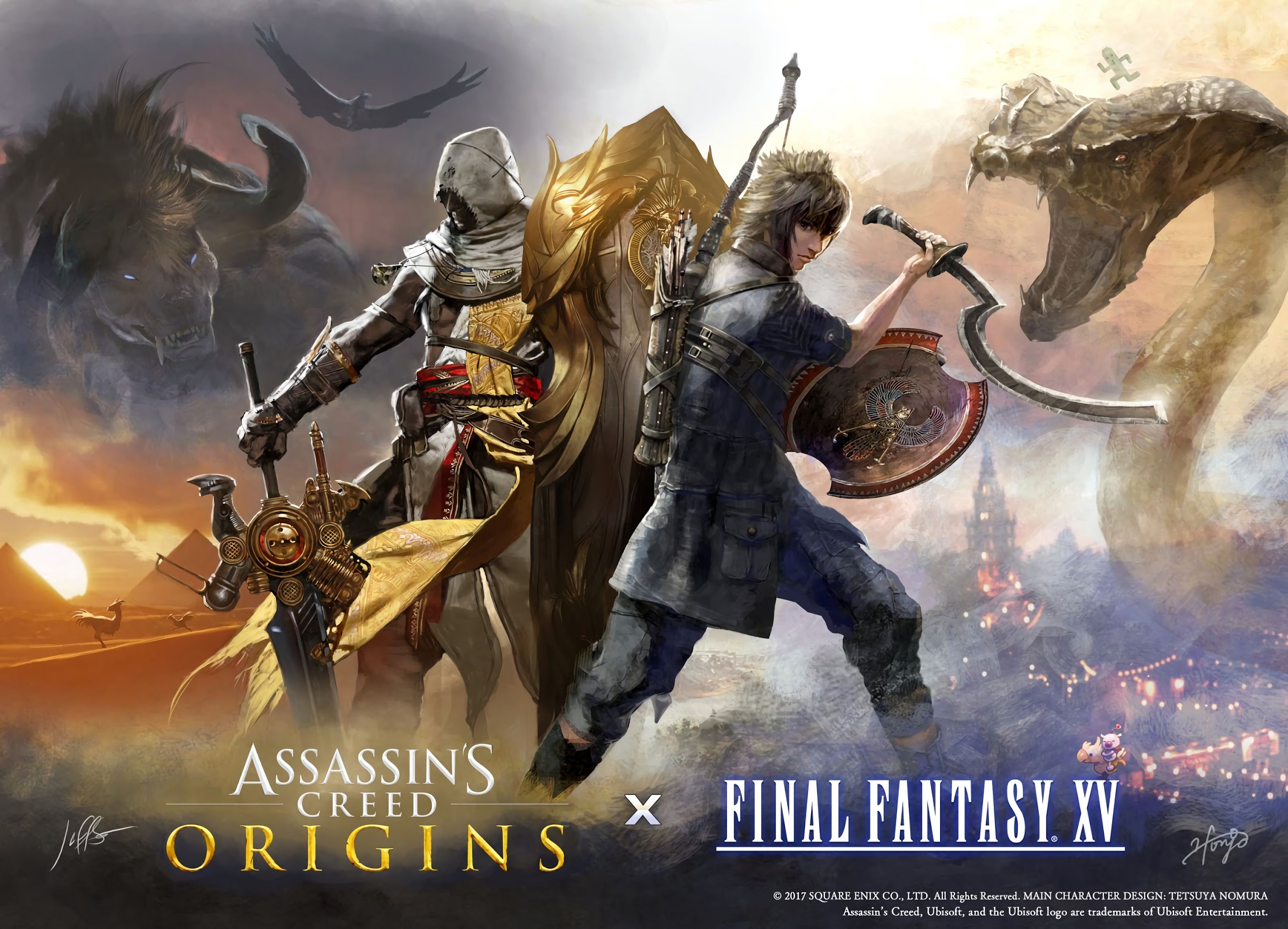 video game, crossover, assassin's creed origins, bayek of siwa, final fantasy xv, noctis lucis caelum