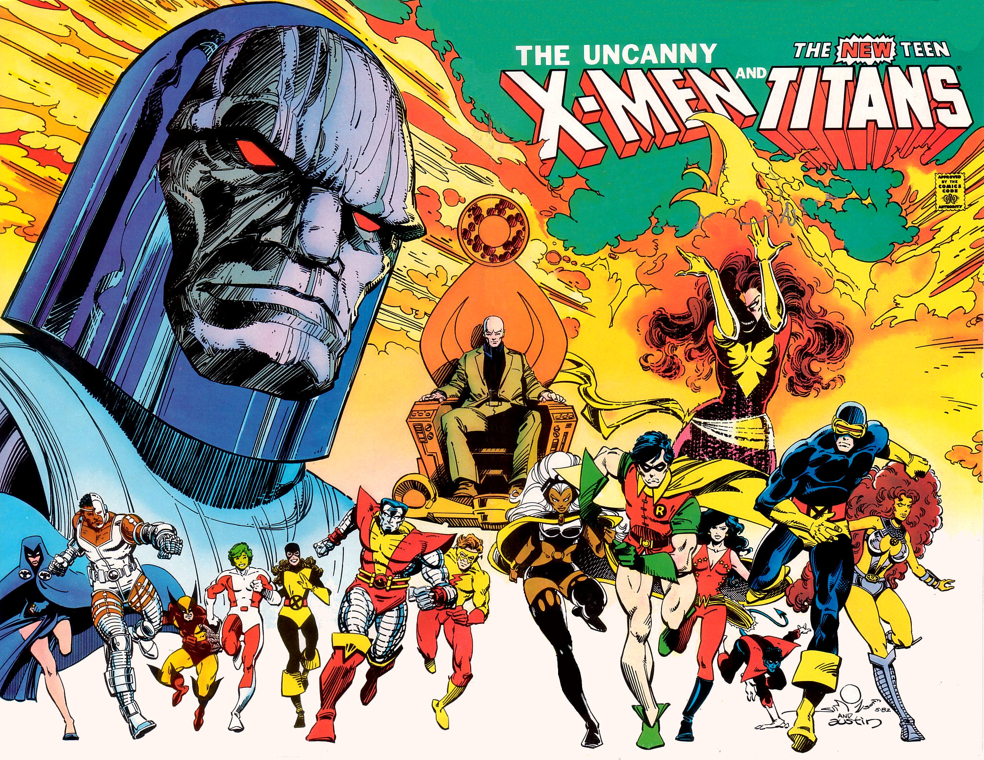 the uncanny x men and the new teen titans, comics, beast boy, charles xavier, colossus, cyborg (dc comics), cyclops (marvel comics), dark phoenix, darkseid (dc comics), dc comics, donna troy, garfield logan, jean grey, kid flash, kitty pryde, nightcrawler (marvel comics), phoenix (marvel comics), professor x, robin (dc comics), starfire (dc comics), storm (marvel comics), teen titans, uncanny x men, wally west, wolverine, wonder girl