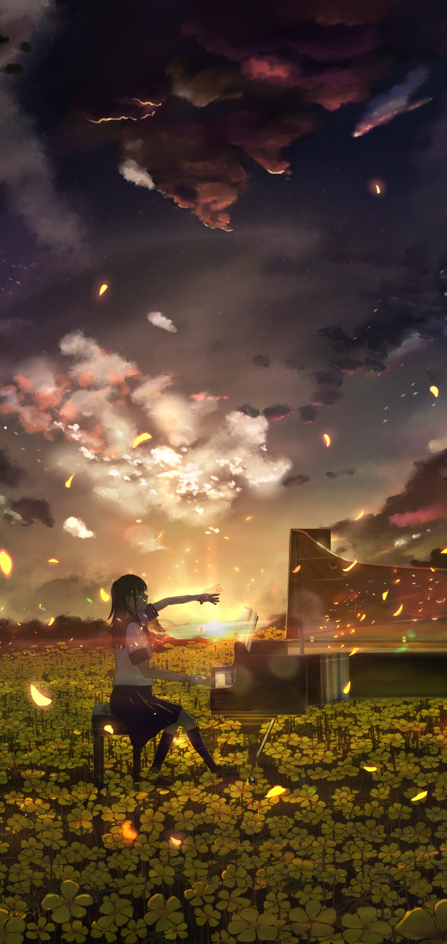 Download mobile wallpaper Music, Anime, Sunset, Piano, Flower, Butterfly, Evening, Schoolgirl, School Uniform for free.