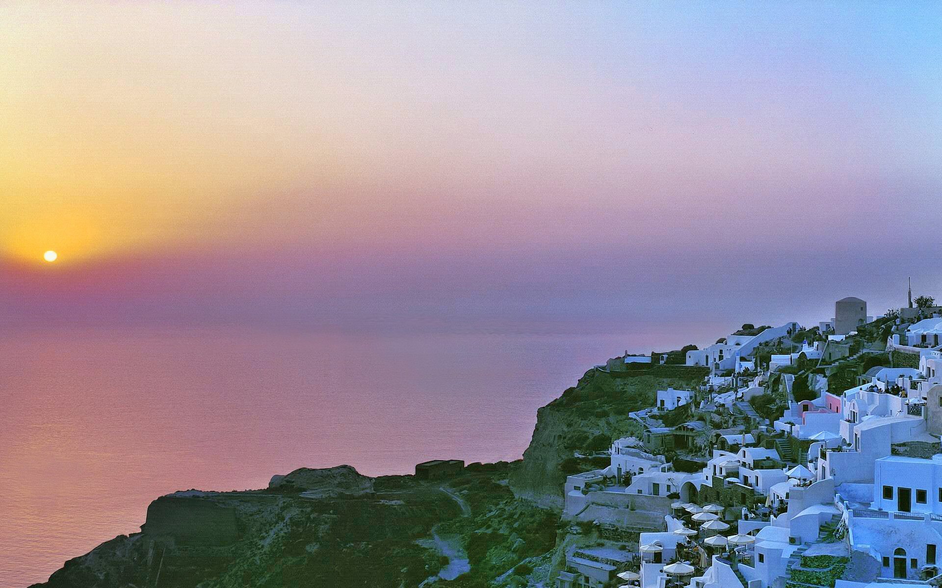 Handy-Wallpaper Horizont, Griechenland, Santorin, Meer, Sonnenuntergang, Szenisch, Menschengemacht kostenlos herunterladen.