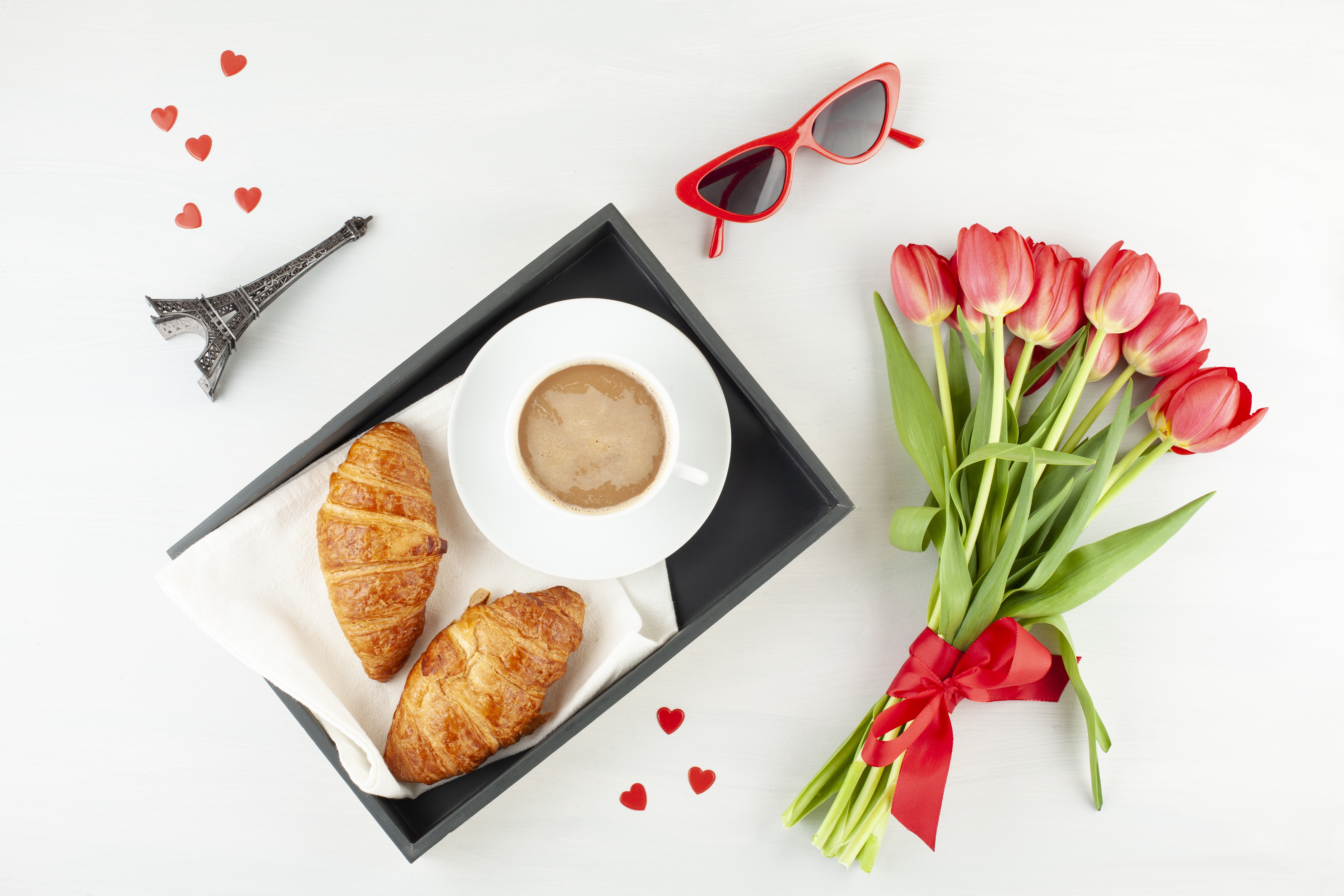 Free download wallpaper Food, Coffee, Still Life, Cup, Bouquet, Tulip, Breakfast, Croissant, Viennoiserie on your PC desktop