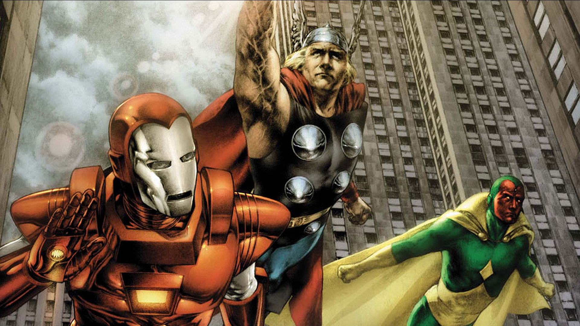 Baixar papel de parede para celular de Os Vingadores, Thor, Visão (Marvel Comics), Homem De Ferro, História Em Quadrinhos gratuito.