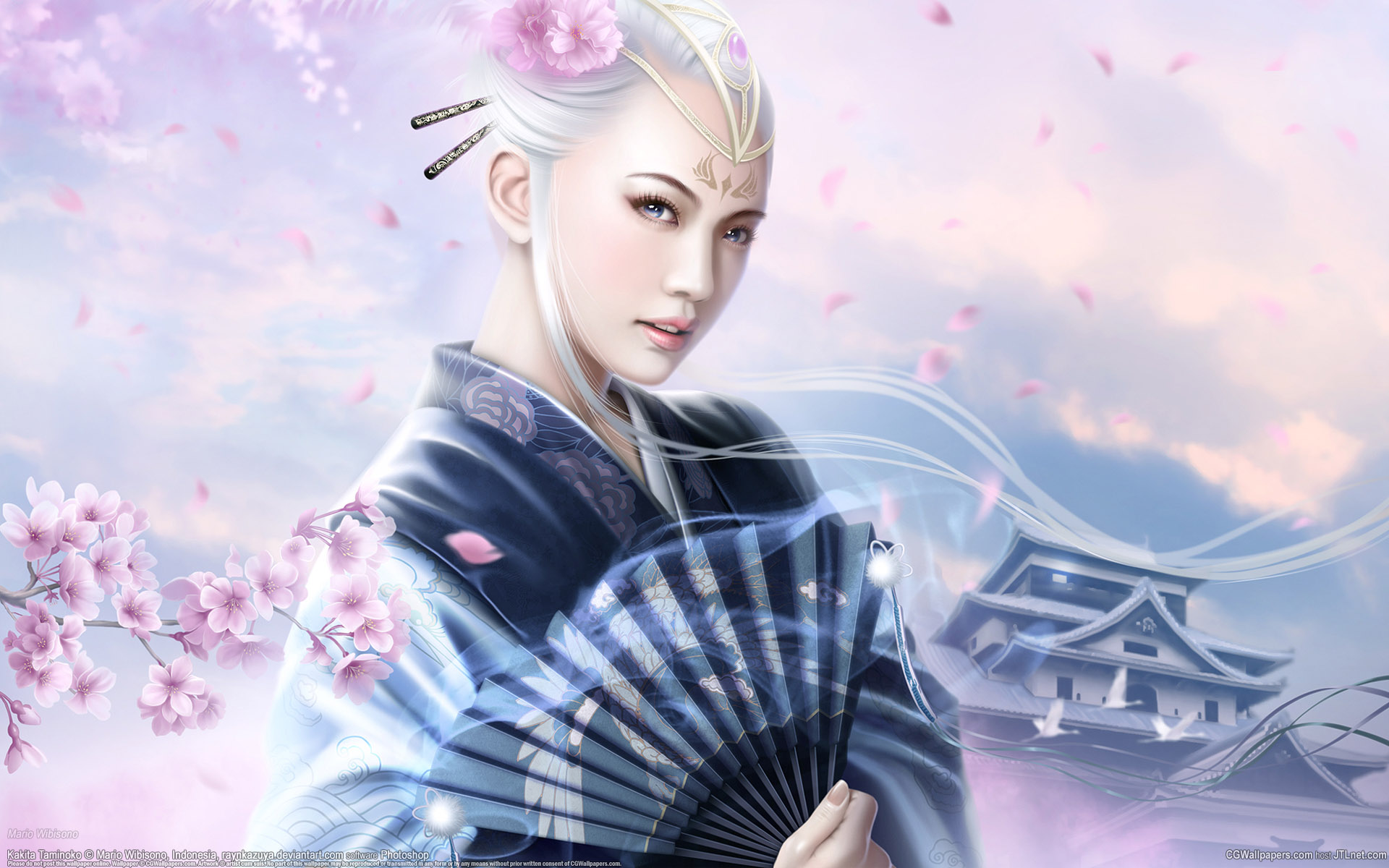 Download mobile wallpaper Fantasy, Fan, Blossom, Geisha, Legend Of The Five Rings, White Hair for free.