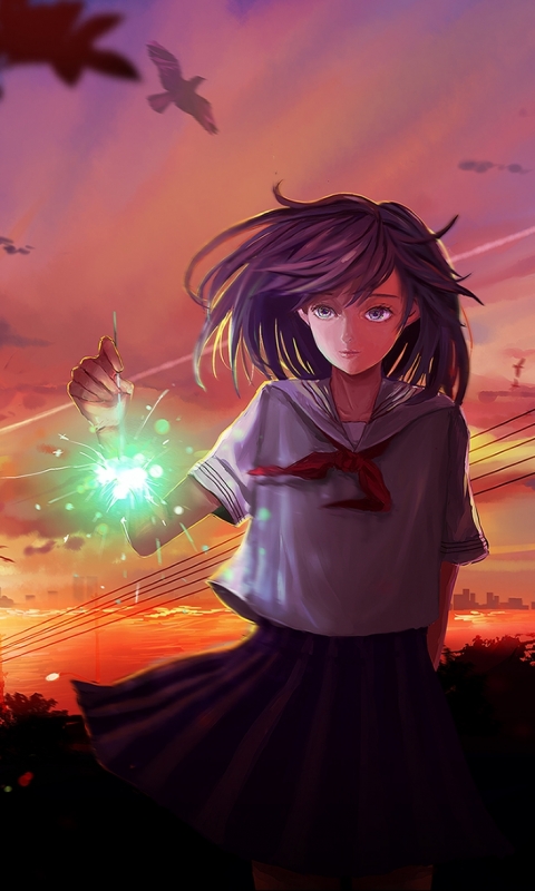 Download mobile wallpaper Anime, Sunset, Girl, Fireworks for free.