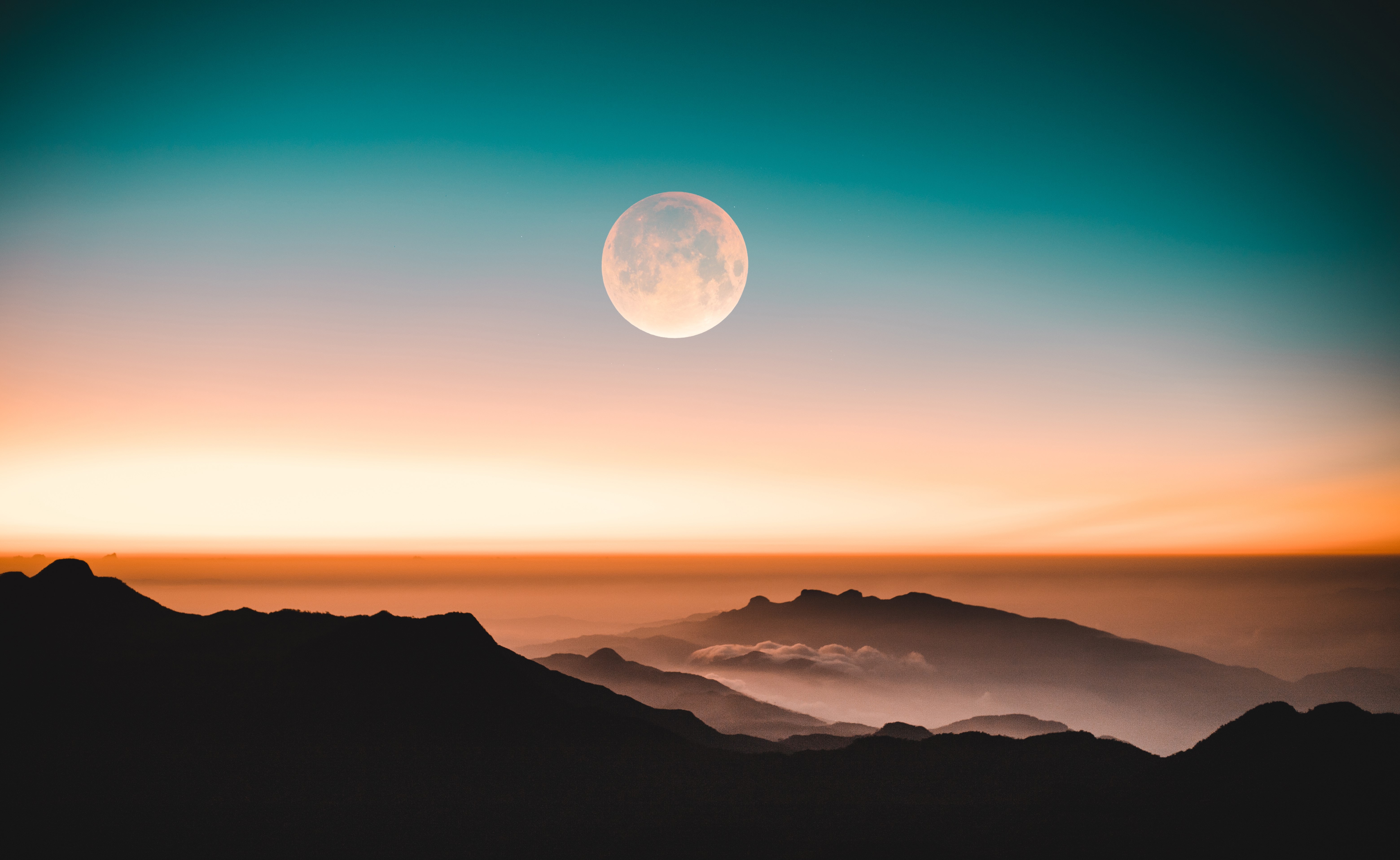 tops, nature, mountains, twilight, moon, vertex, fog, dusk Desktop home screen Wallpaper