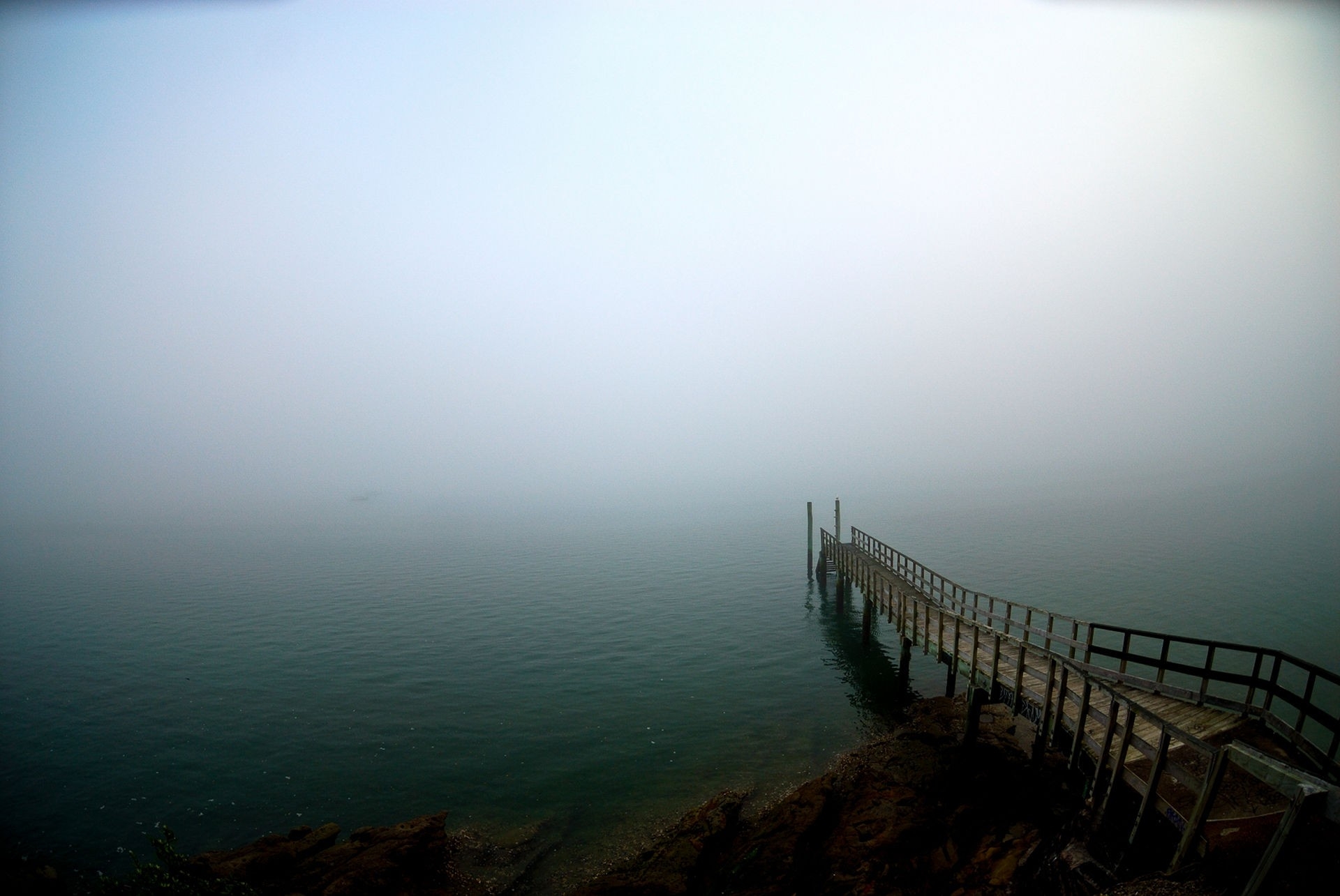 descent, nature, lake, pier, fog, unknown, obscurity phone wallpaper