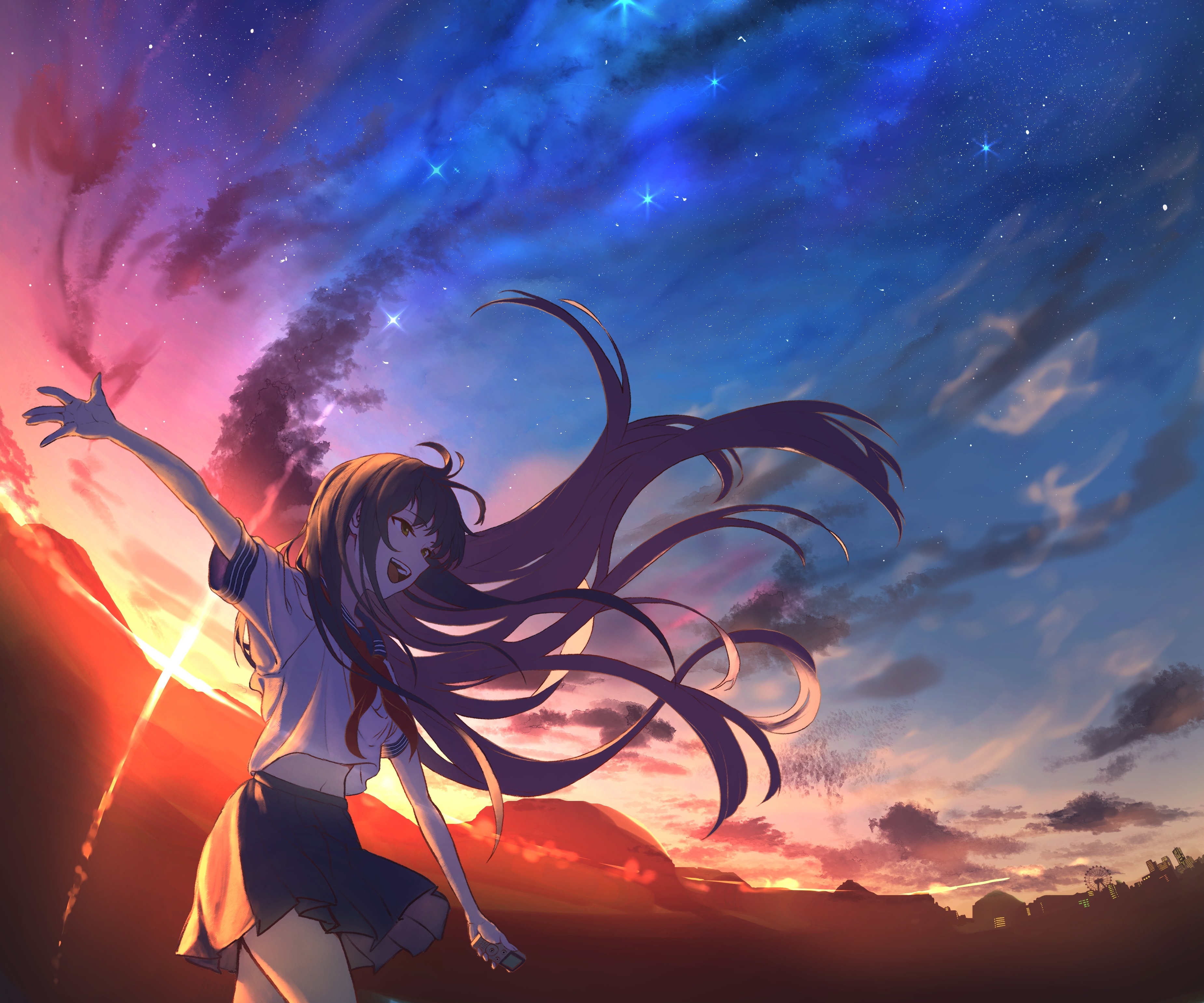 Free download wallpaper Anime, Sunset, Girl, School Uniform, Long Hair on your PC desktop