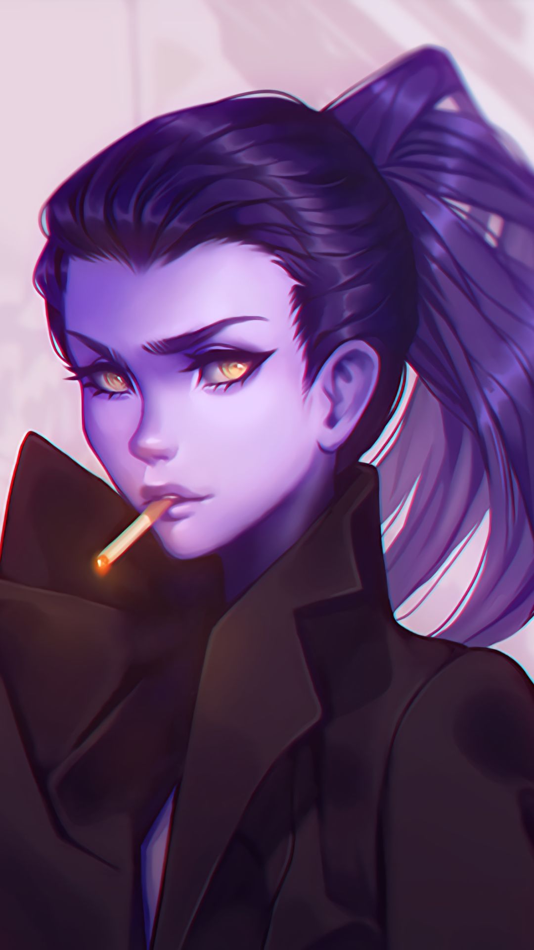 Download mobile wallpaper Smoke, Jacket, Yellow Eyes, Overwatch, Video Game, Purple Hair, Cigarette, Ponytail, Widowmaker (Overwatch), Amélie Lacroix for free.