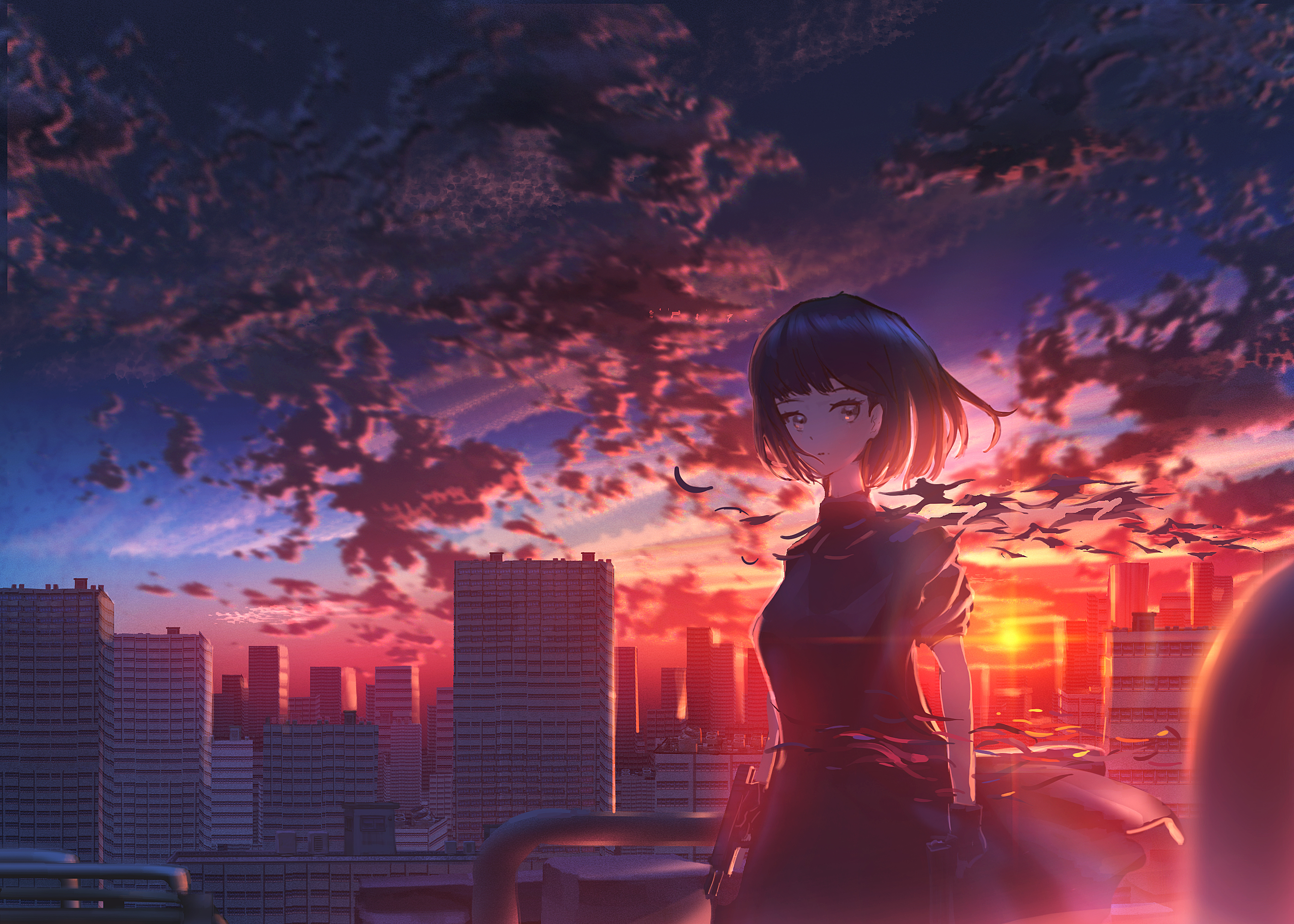 Baixar papel de parede para celular de Anime, Pôr Do Sol, Céu, Cidade, Original, Cabelo Curto gratuito.