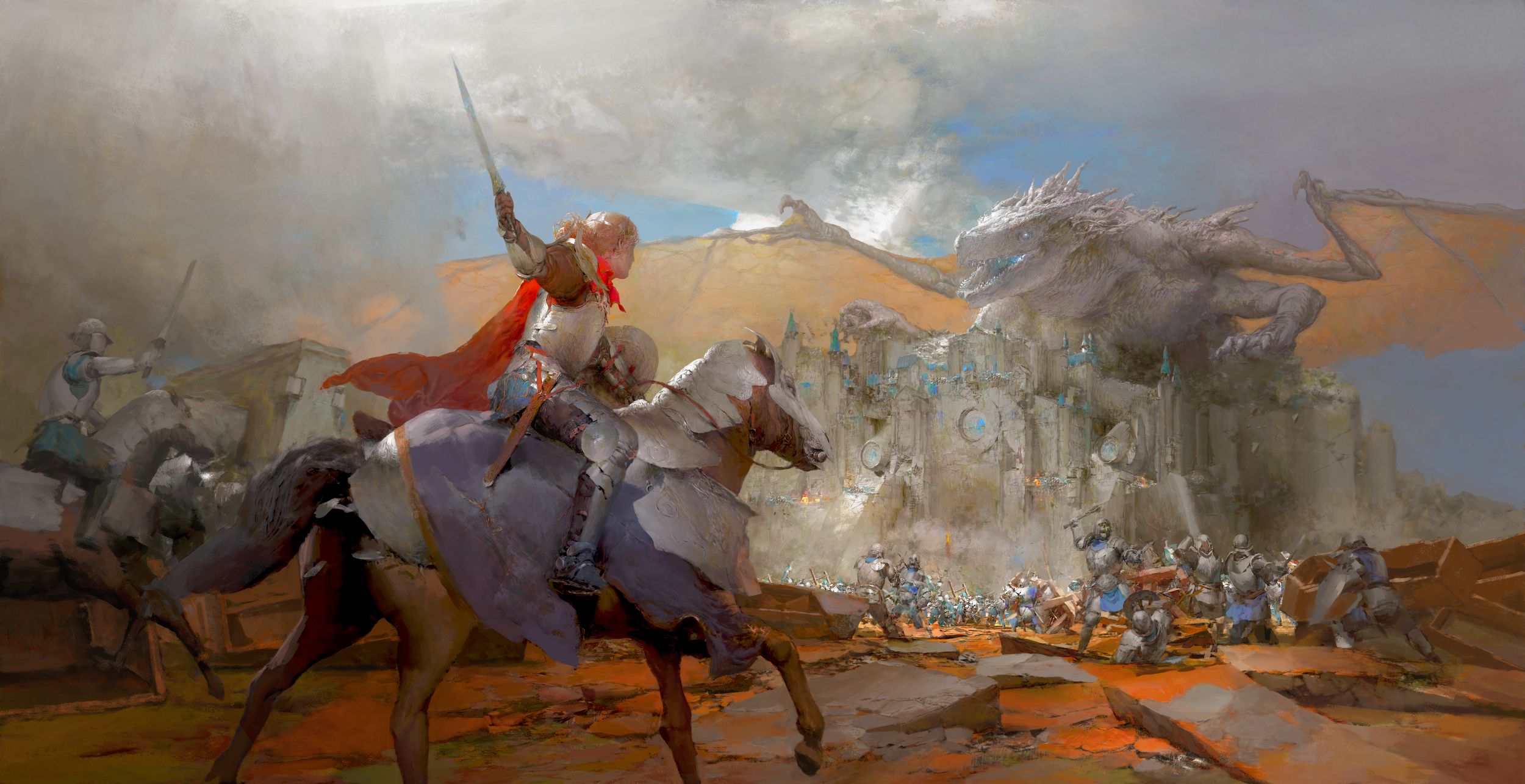 Free download wallpaper Fantasy, Dragon, Horse, Battle, Armor, Sword, Castle, Woman Warrior on your PC desktop