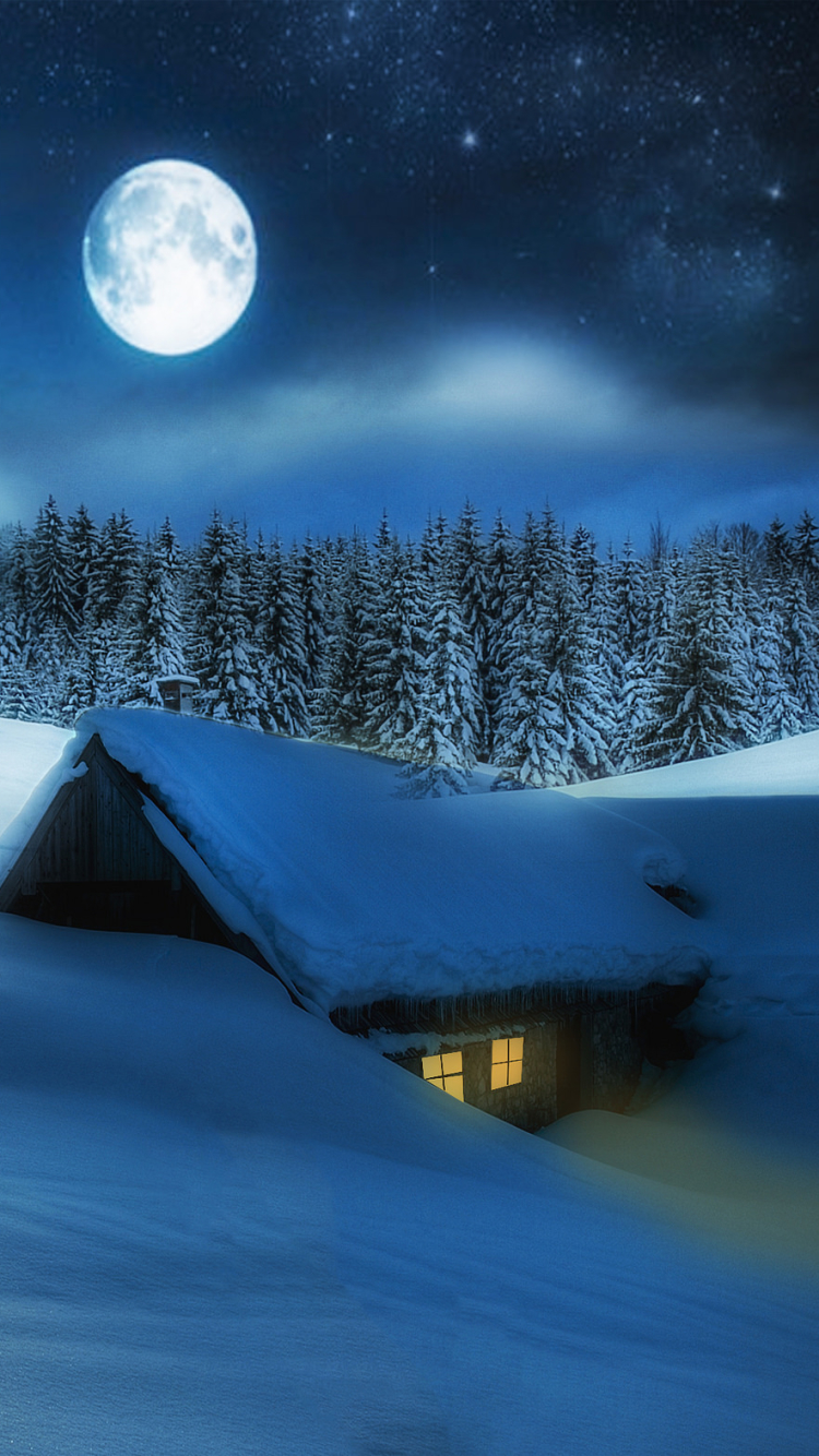 Download mobile wallpaper Winter, Stars, Night, Moon, Snow, Forest, Photography, Cabin for free.