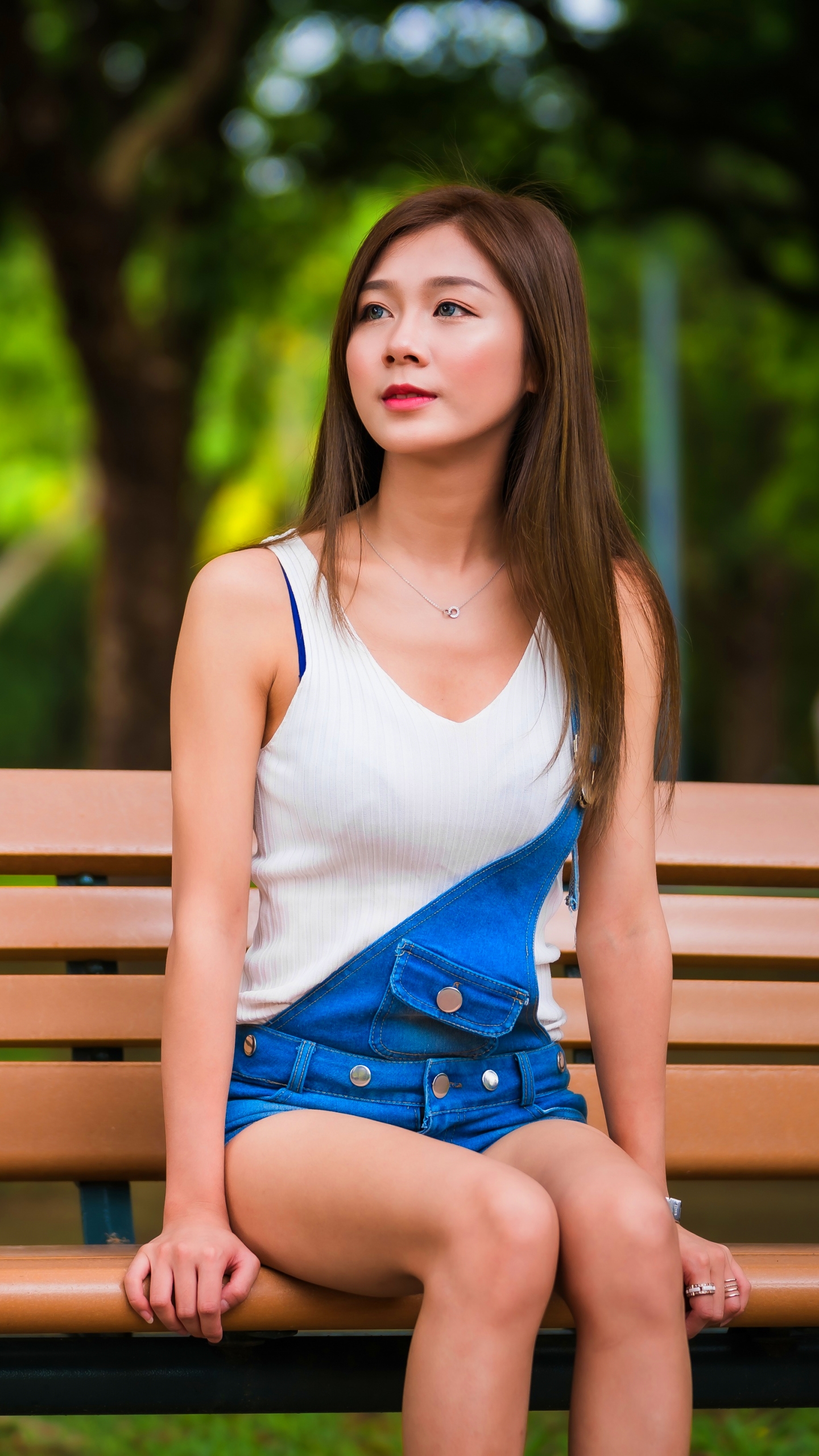 Download mobile wallpaper Bench, Brunette, Women, Asian, Depth Of Field for free.