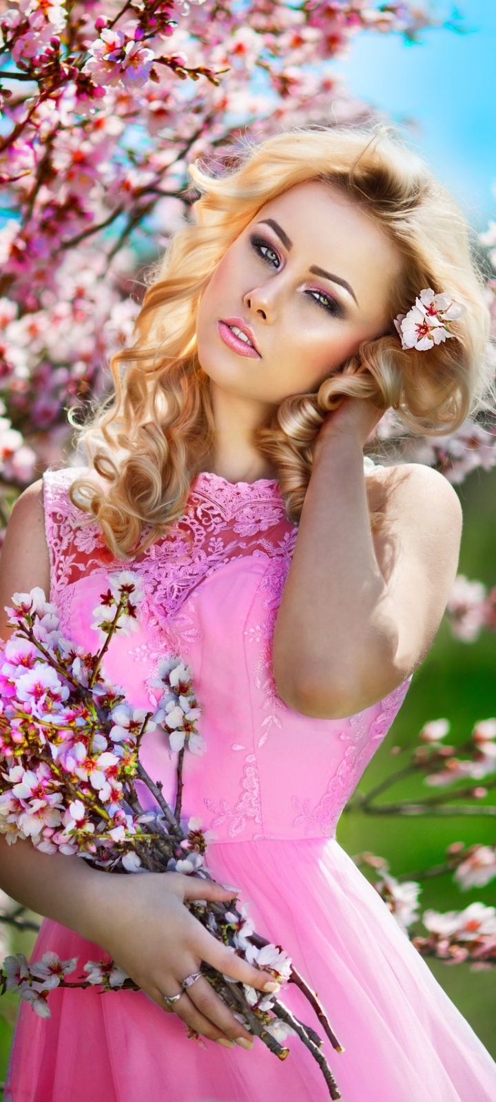 Download mobile wallpaper Flower, Spring, Blonde, Model, Women, Blossom, Pink Dress for free.