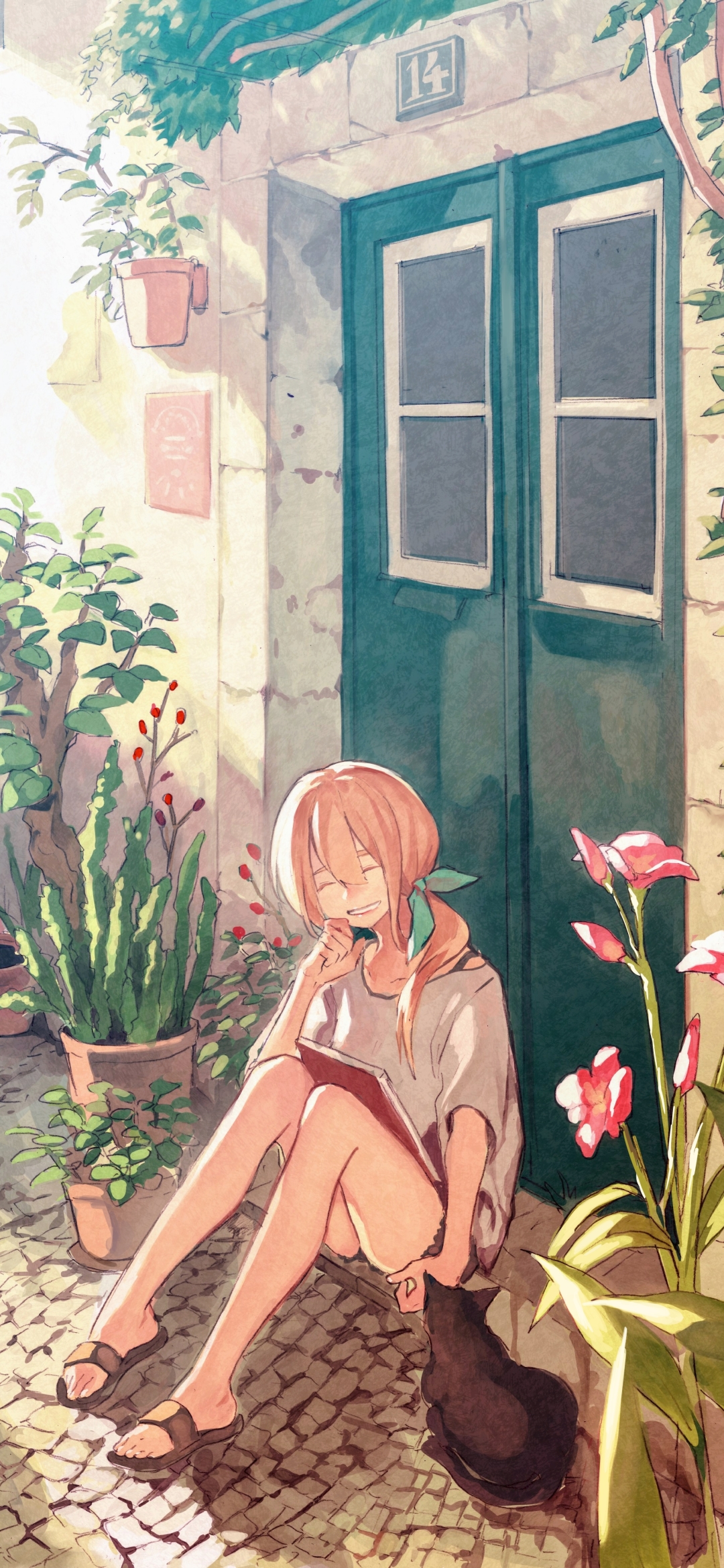 Download mobile wallpaper Anime, Flower, Cat, Book, Blonde, Original, Long Hair for free.