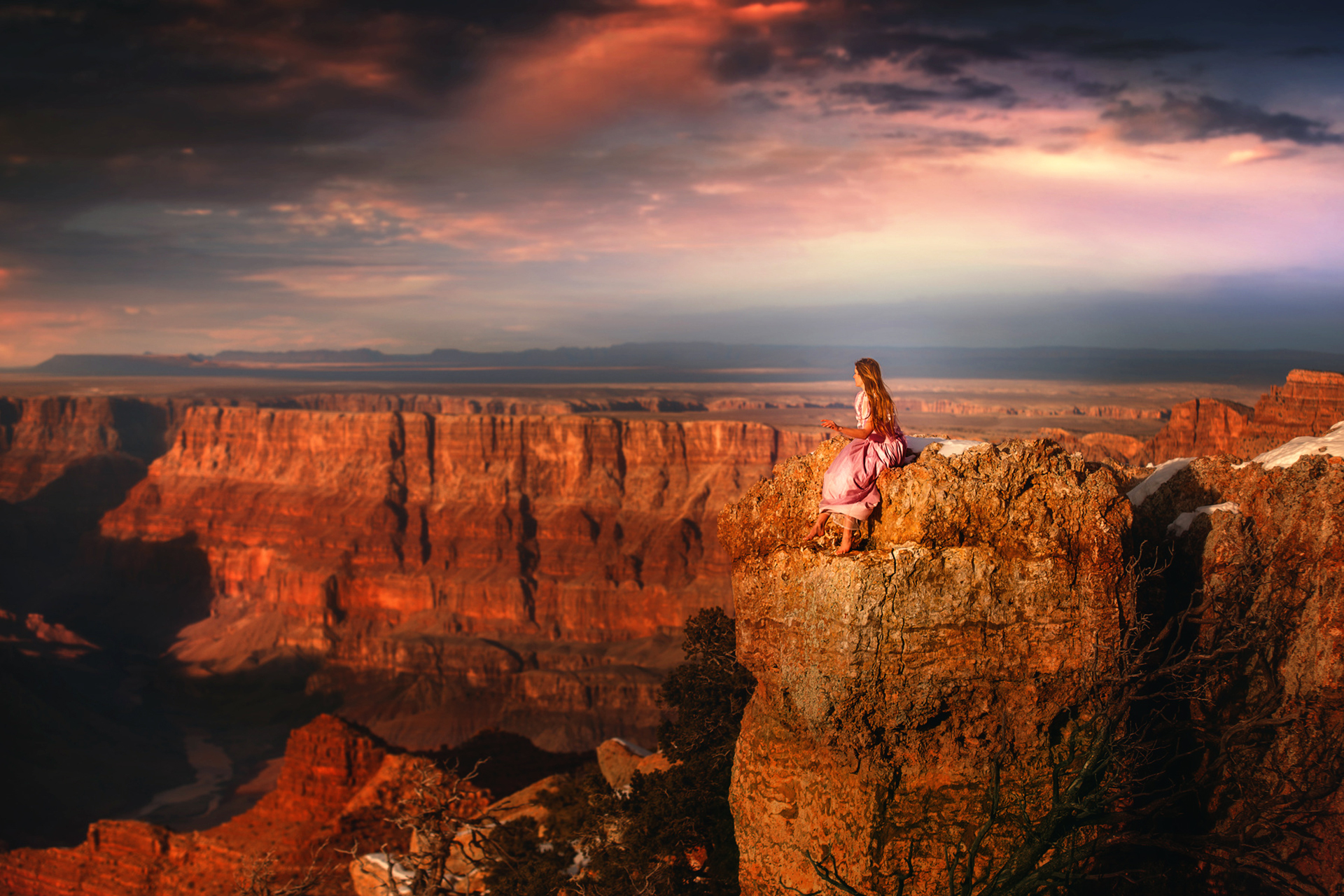 Download mobile wallpaper Landscape, Canyon, Cliff, Mood, Women for free.