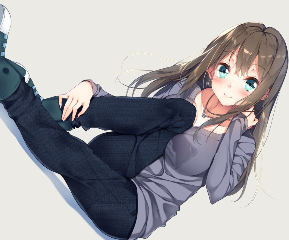 Download mobile wallpaper Anime, Sneakers, Smile, Jeans, Necklace, Blush, Long Hair, Brown Hair, The Idolm@ster, Rin Shibuya, The Idolm@ster Cinderella Girls, Idolm@ster Cinderella Girls for free.