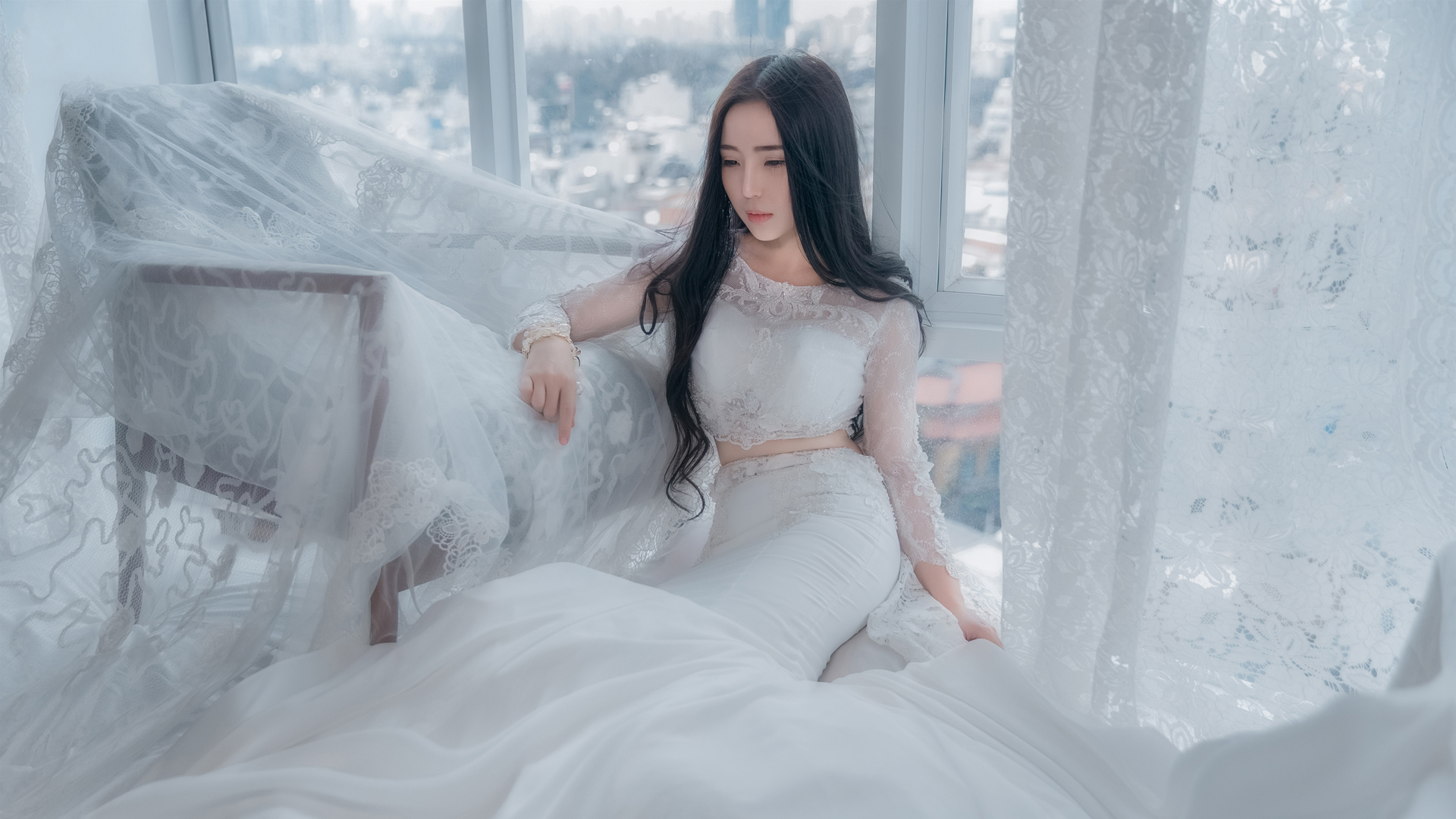 Free download wallpaper Bride, Model, Women, Asian, Wedding Dress, Black Hair, Long Hair, White Dress on your PC desktop