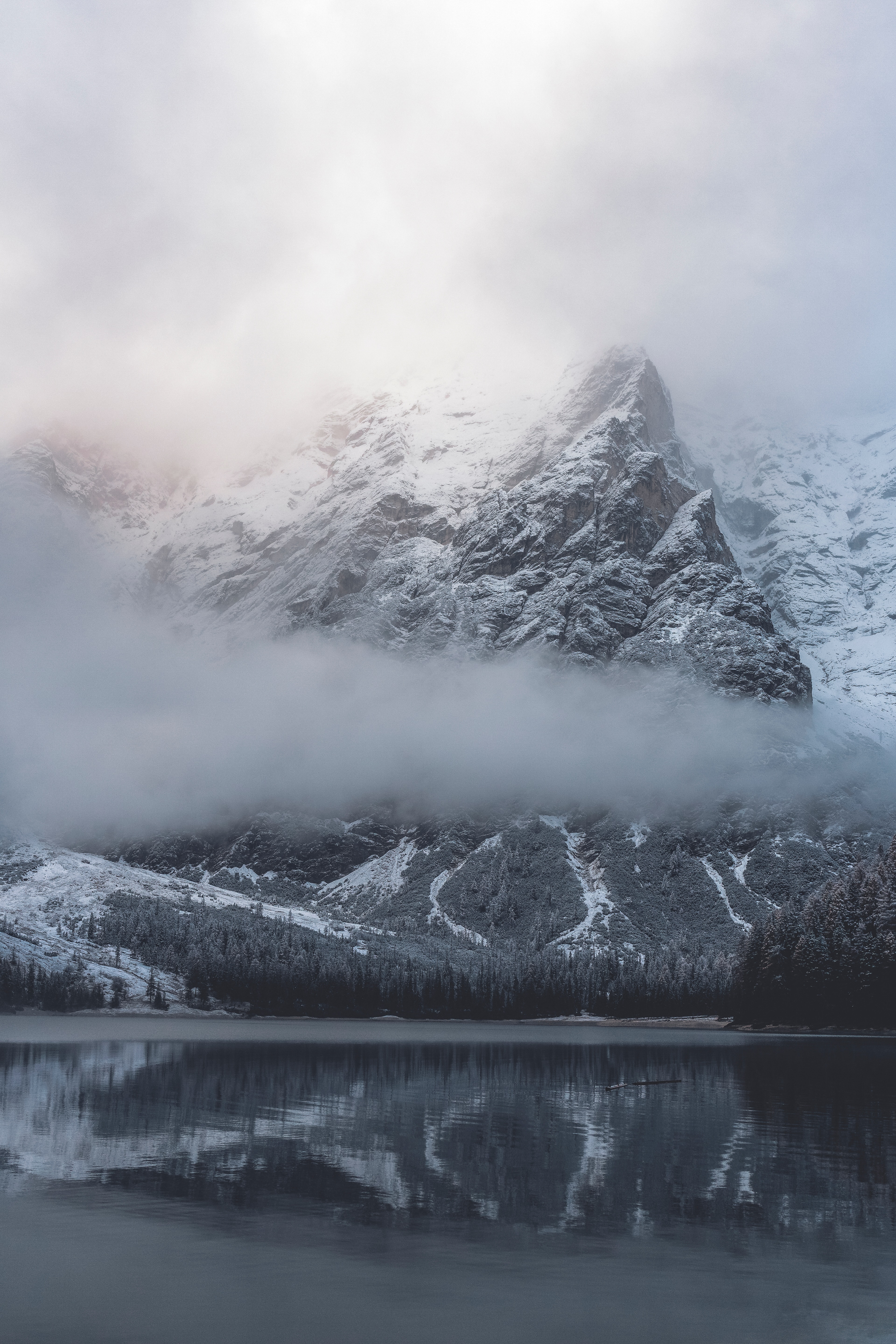 nature, mountains, clouds, lake, shore, bank, snow covered, snowbound