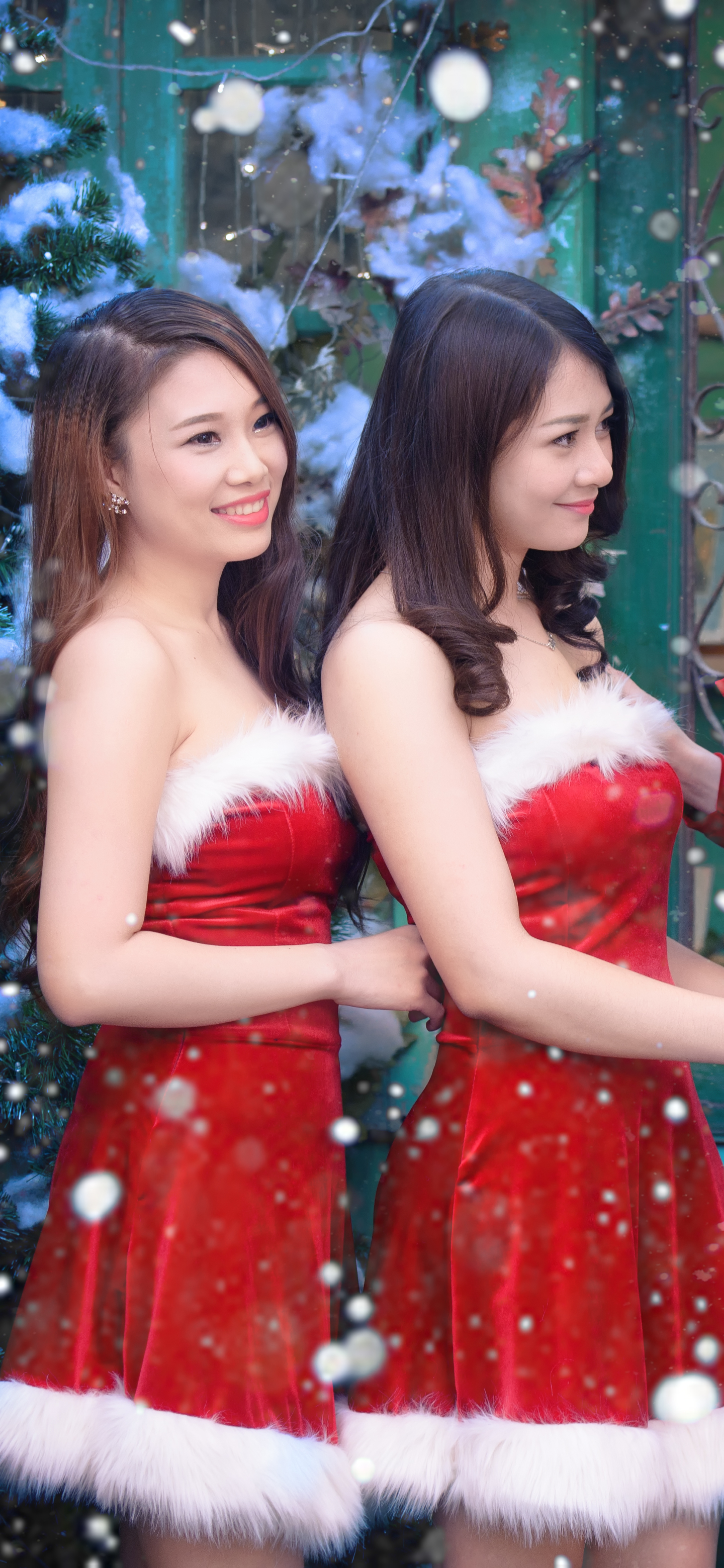 Download mobile wallpaper Winter, Christmas, Smile, Brunette, Model, Women, Asian, Red Dress for free.