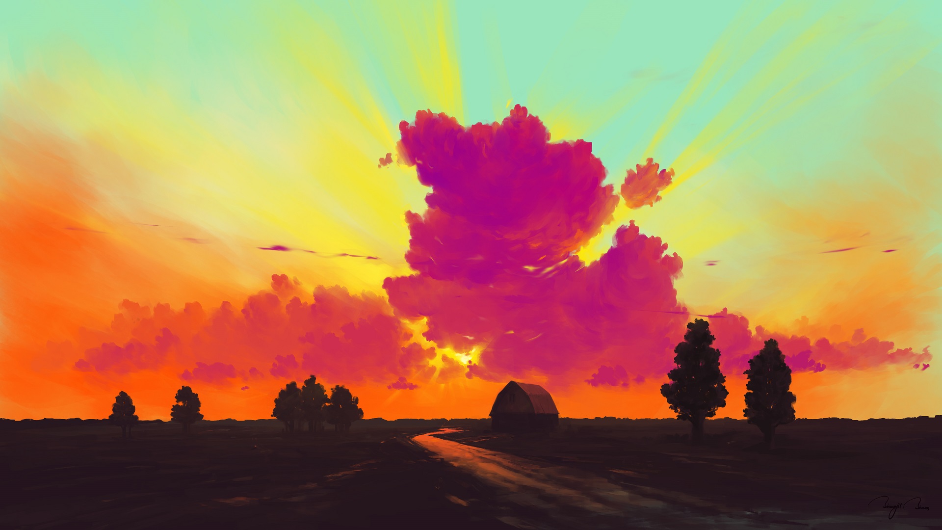 Download mobile wallpaper Landscape, Sky, Sunrise, Artistic, Cloud for free.