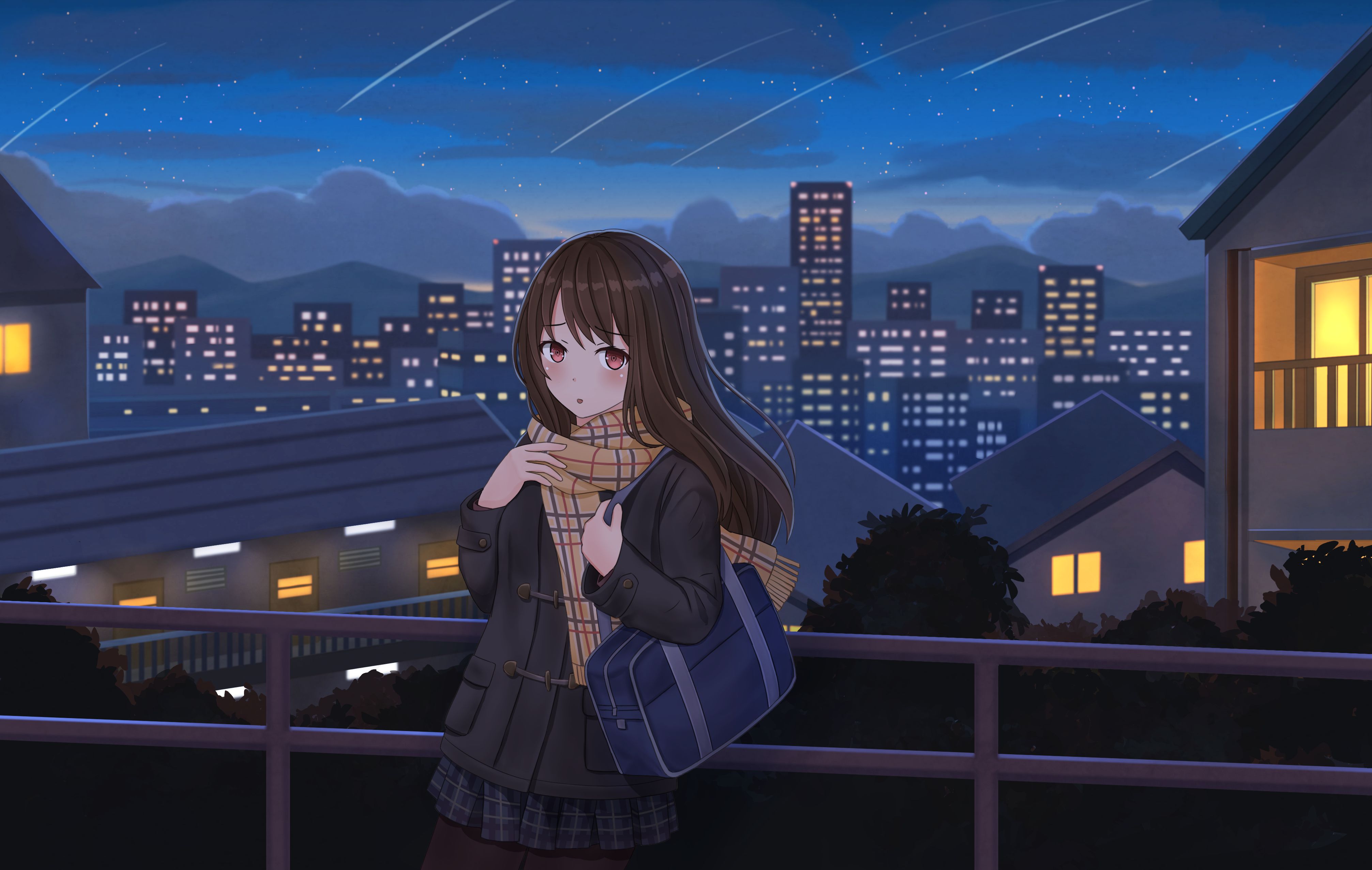 Download mobile wallpaper Anime, Stars, Night, City, Starry Sky, Original, Shooting Star for free.