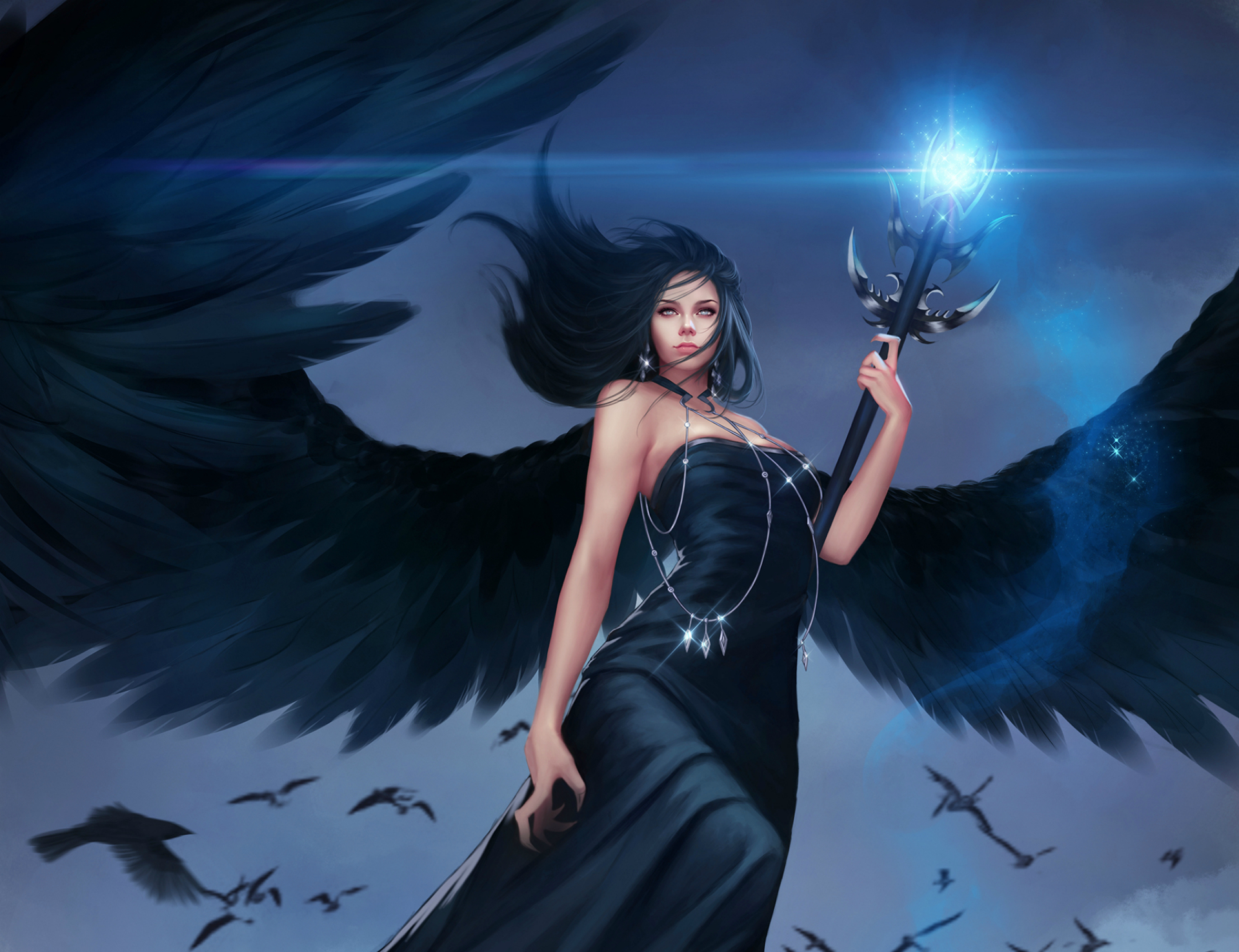 Laden Sie das Fantasie, Engel, Flügel, Magisch, Schwarzes Haar, Schwarzes Kleid-Bild kostenlos auf Ihren PC-Desktop herunter