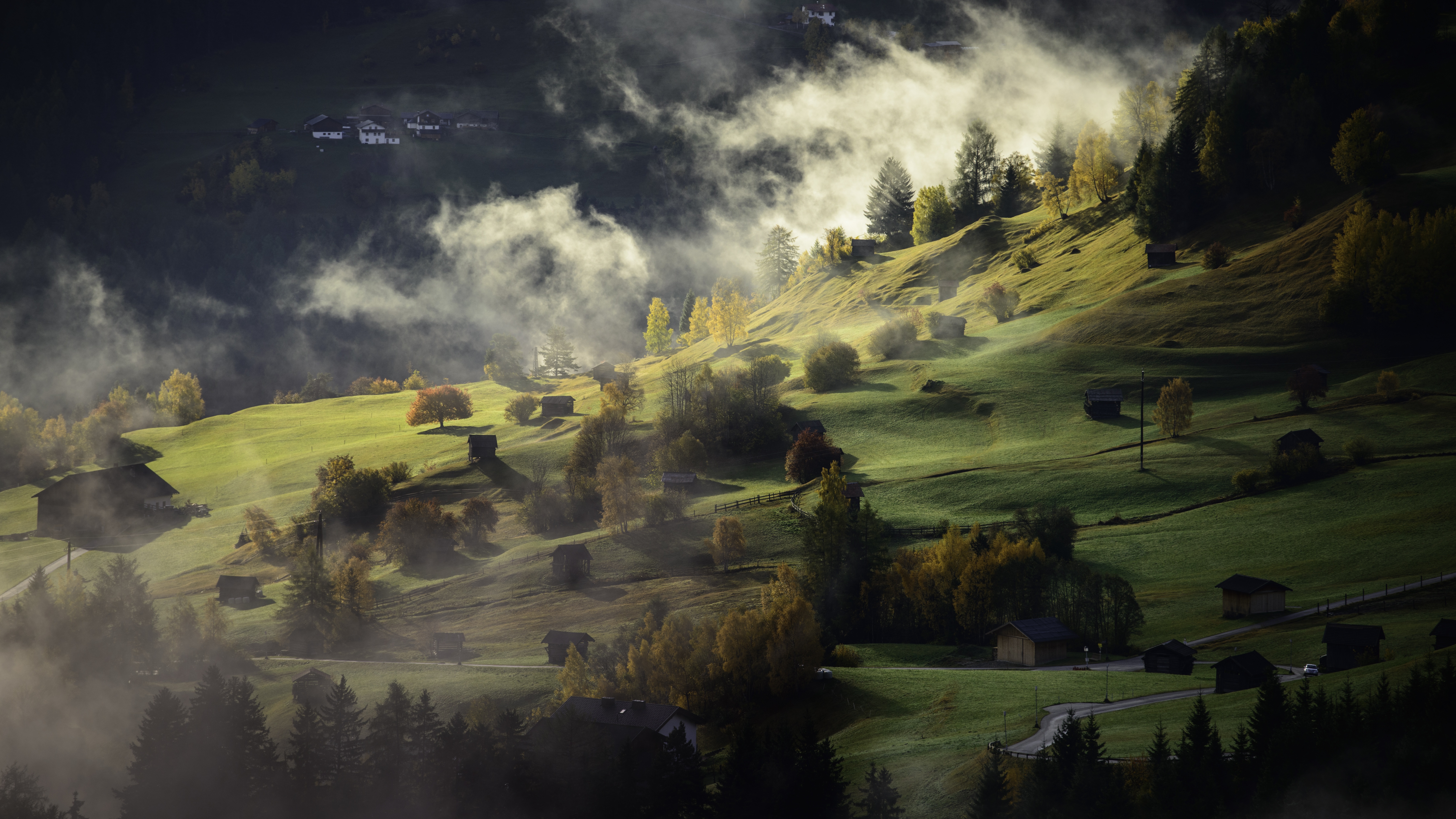 149340 baixar papel de parede natureza, crepúsculo, névoa, nevoeiro, vila, aldeia, as colinas, hills - protetores de tela e imagens gratuitamente