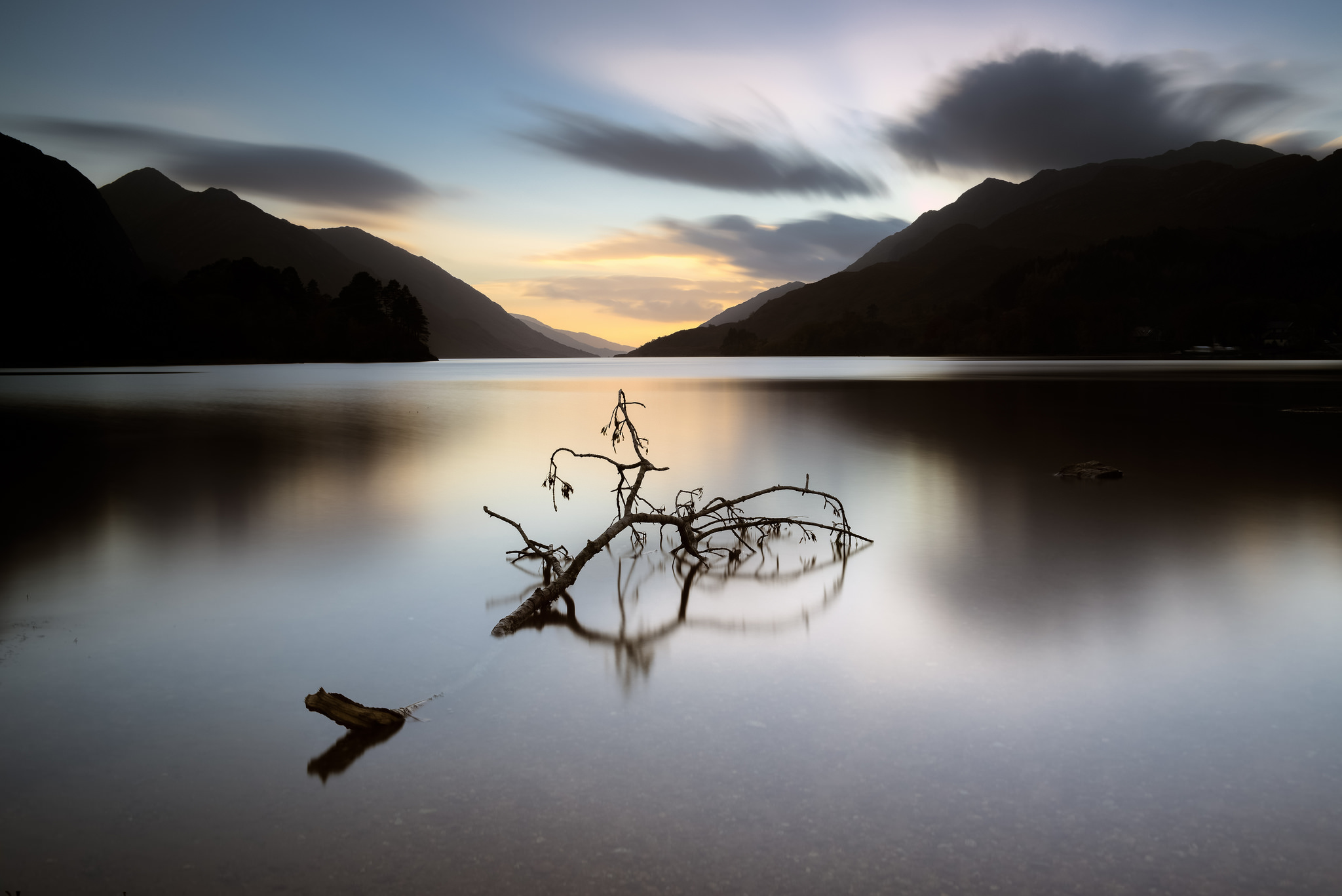 Download mobile wallpaper Landscape, Water, Night, Mountain, Reflection, Branch, Earth for free.