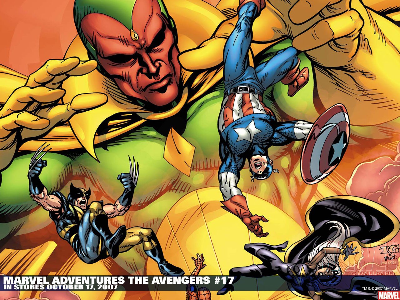 Baixar papel de parede para celular de Homem Aranha, Capitão América, Os Vingadores, Wolverine, História Em Quadrinhos, Tempestade (Marvel Comics), Visão (Marvel Comics) gratuito.