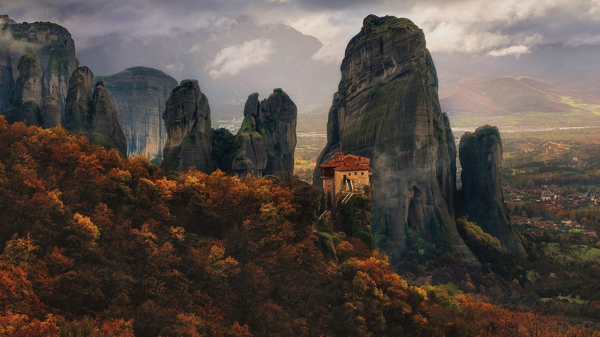 religious, meteora, cliff, fall, forest, greece, mountain