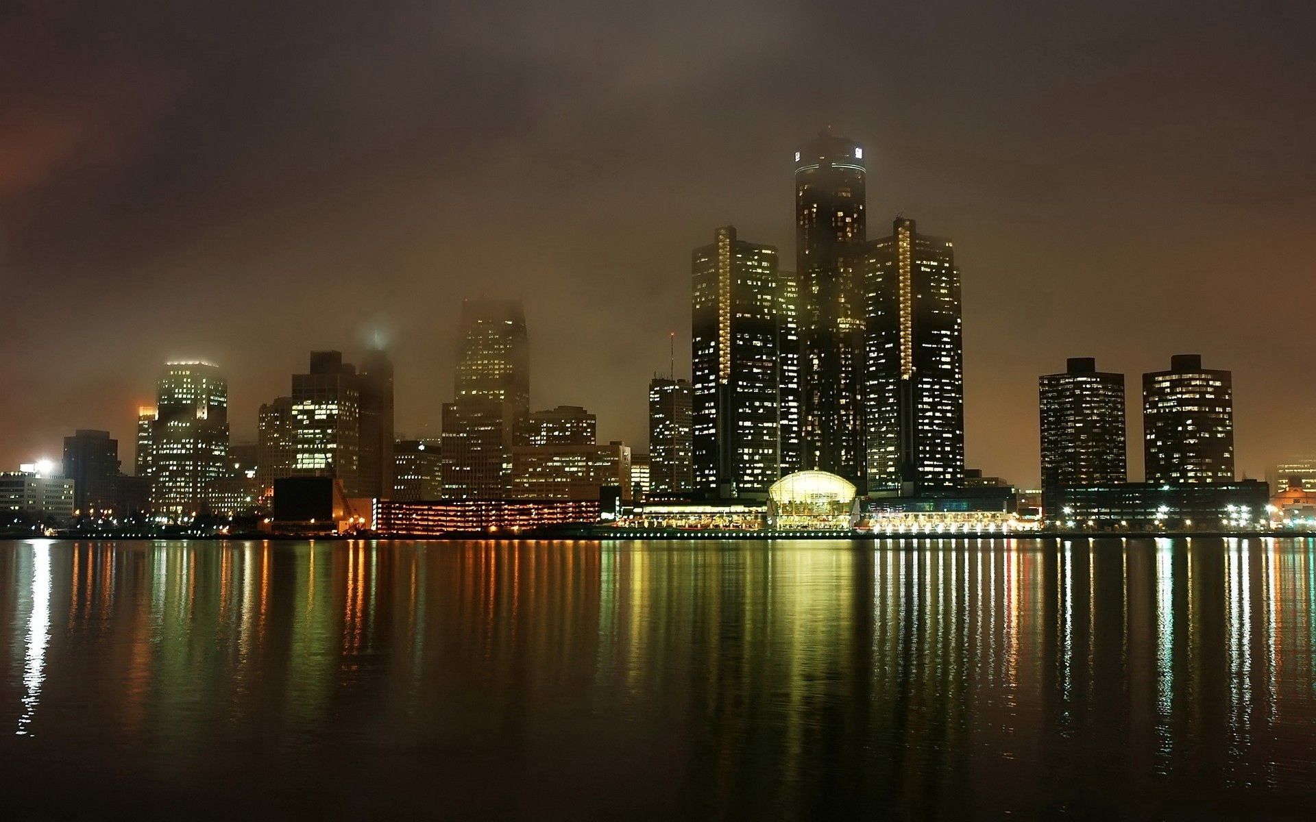 megapolis, landscape, cities, water, houses, sea, night, usa, building, lights, reflection, fog, ocean, skyscrapers, united states, megalopolis, view, bay, america, embankment, quay, michigan, detroit