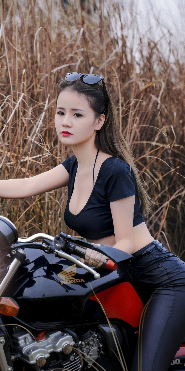Download mobile wallpaper Motorcycle, Brunette, Model, Women, Asian, Lipstick, Girls & Motorcycles for free.