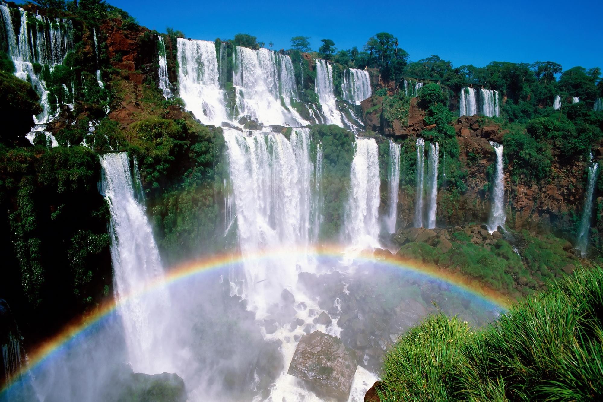 earth, iguazu falls, nature, rainbow, vegetation, water, waterfall, waterfalls